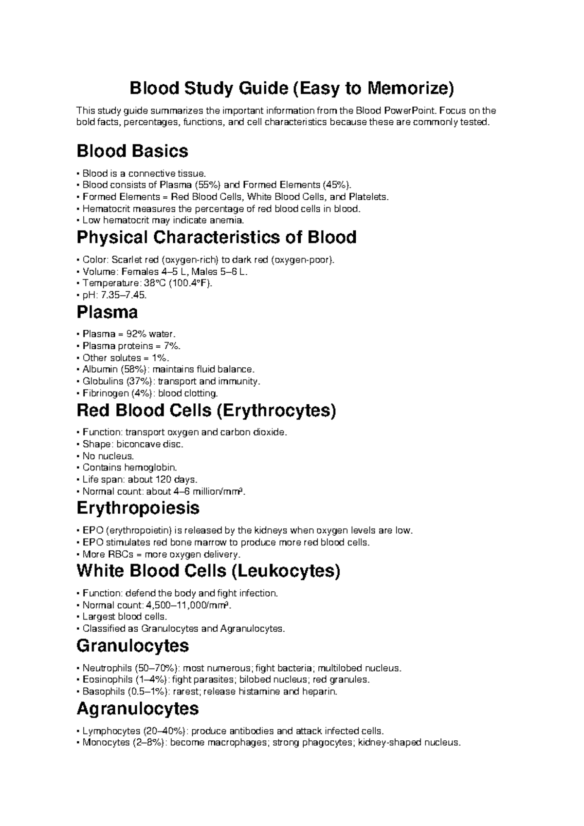 Blood Study Guide (Key Facts & Functions) - Studocu