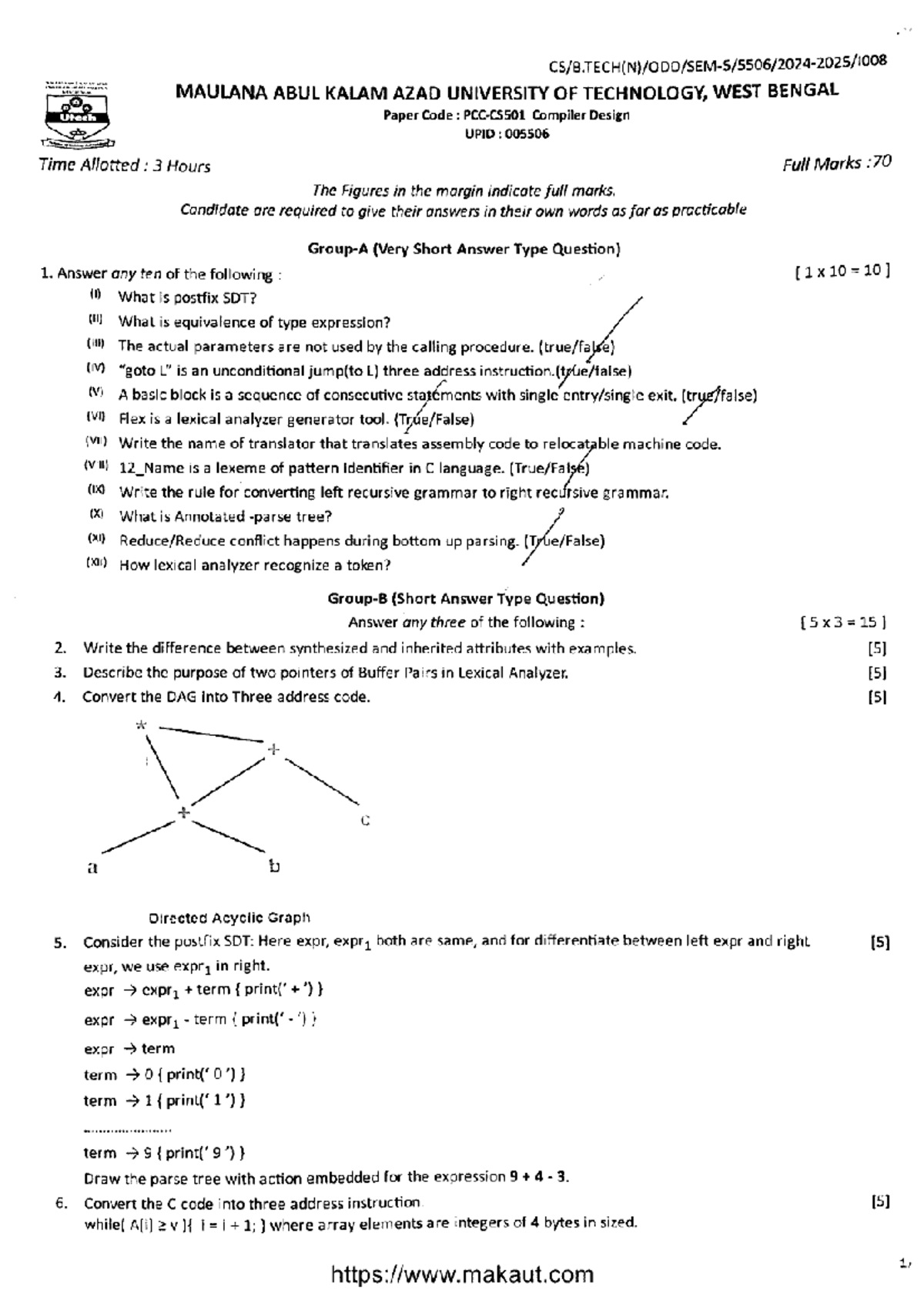 BTech CSE 5th Sem Compiler Design PCC CS501 Exam Paper 2025 - Studocu