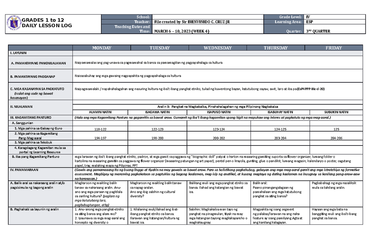 DLL ESP 4 Q3 W4 - ples - GRADES 1 to 12 DAILY LESSON LOG School: Grade ...