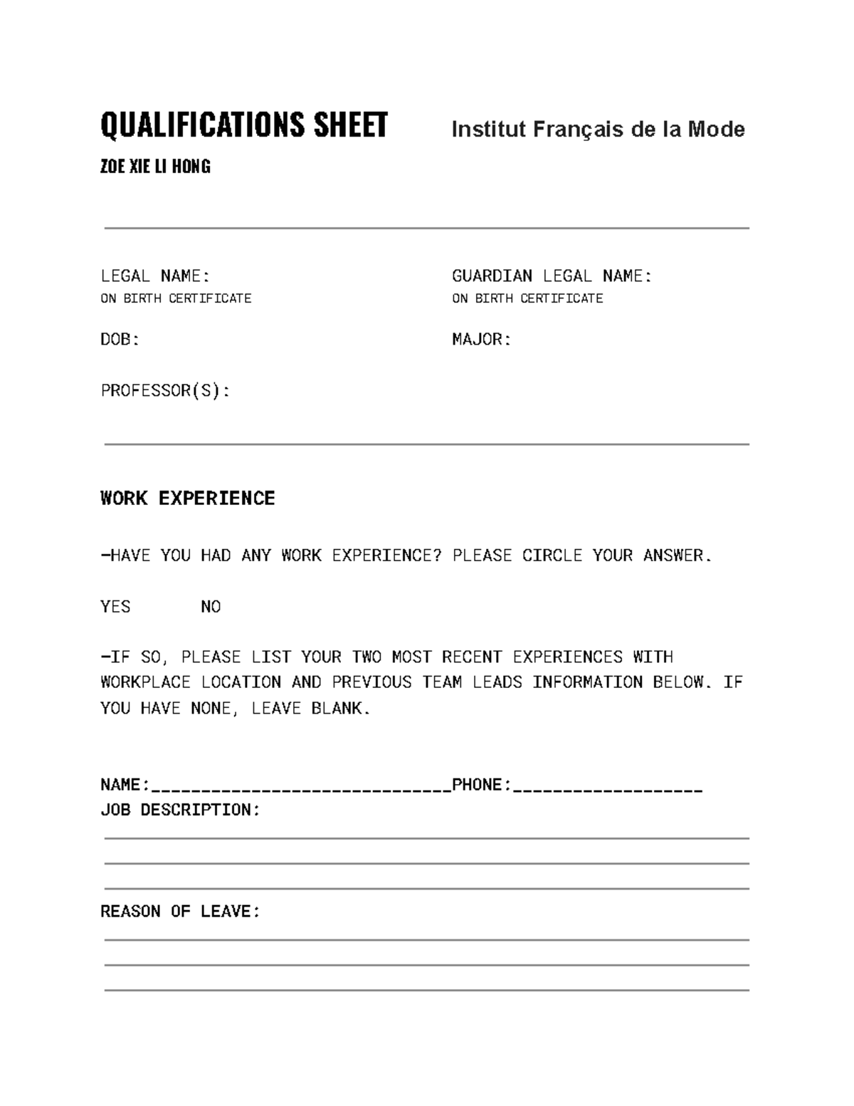 Qualifications Sheet - mock interview - QUALIFICATIONS SHEET Institut ...