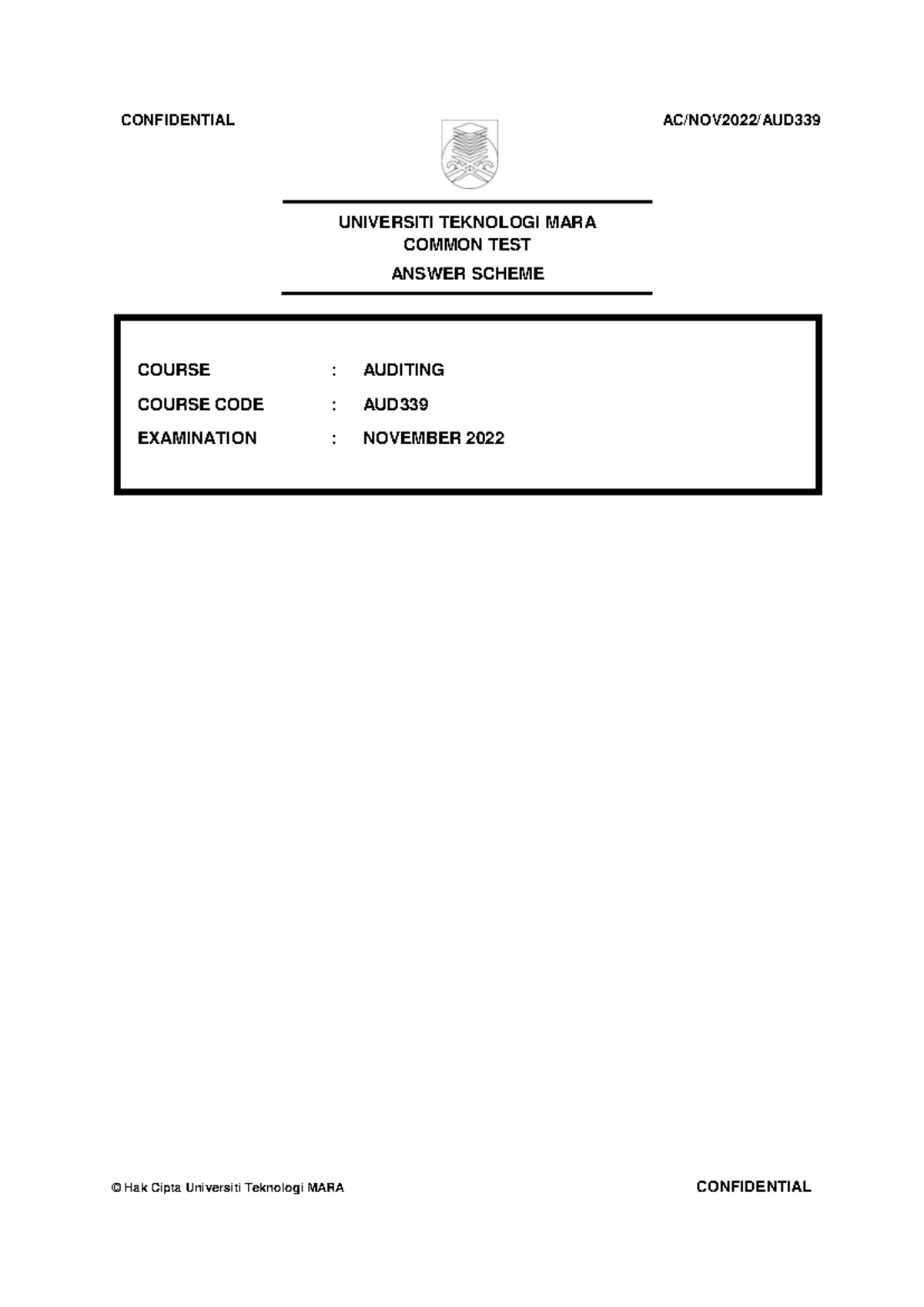 CT AUD339 NOV 22 COMMON TEST ANSWER SCHEME - AUDITING - Studocu
