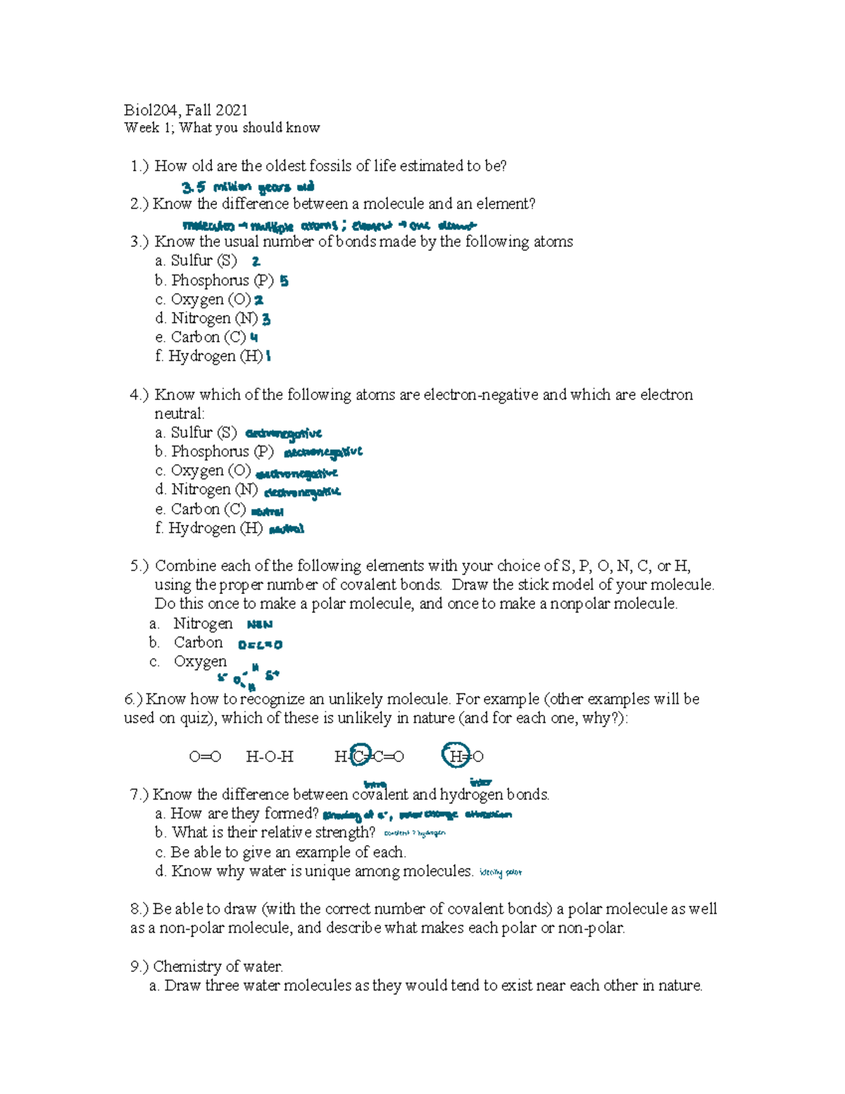 Bio 204 Week 1 - Key Concepts and Molecule Structures - Studocu