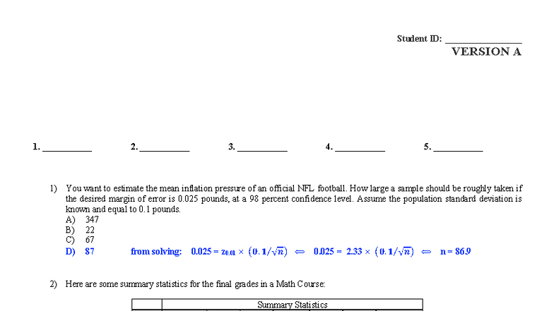 Final Exam MC Keys for Statistics Course: Student ID Version A - Studocu