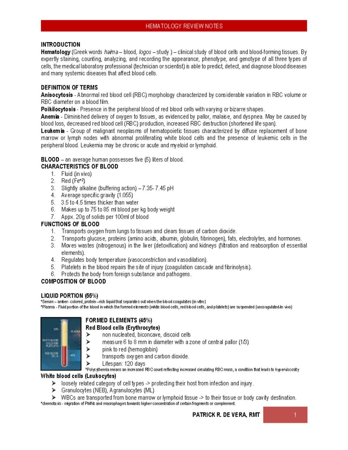 HEMATOLOGY REVIEW NOTES: Key Concepts and Definitions - Studocu