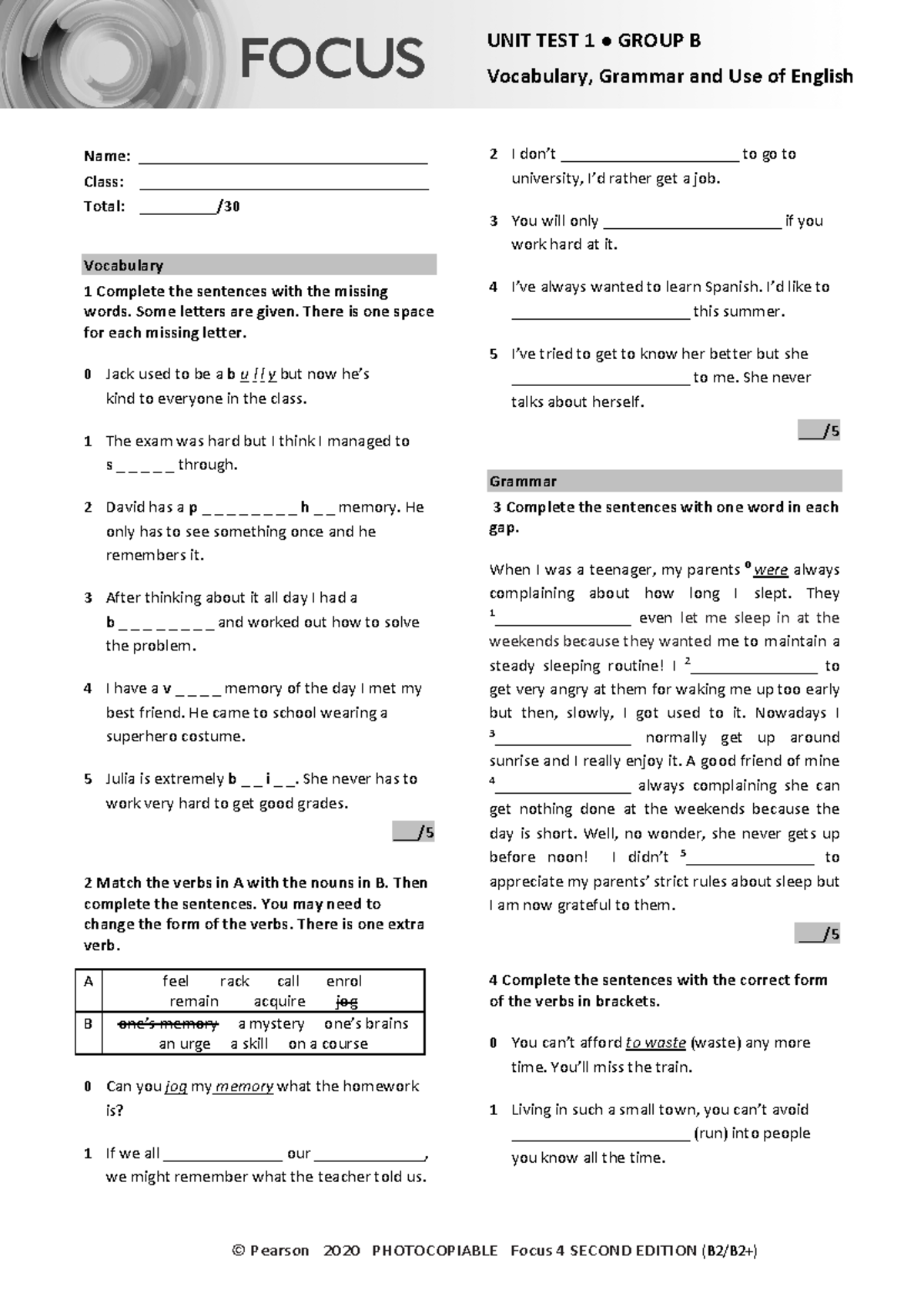 Focus 4 2E Unit Test 1: Vocabulary & Grammar - Group B - Studocu