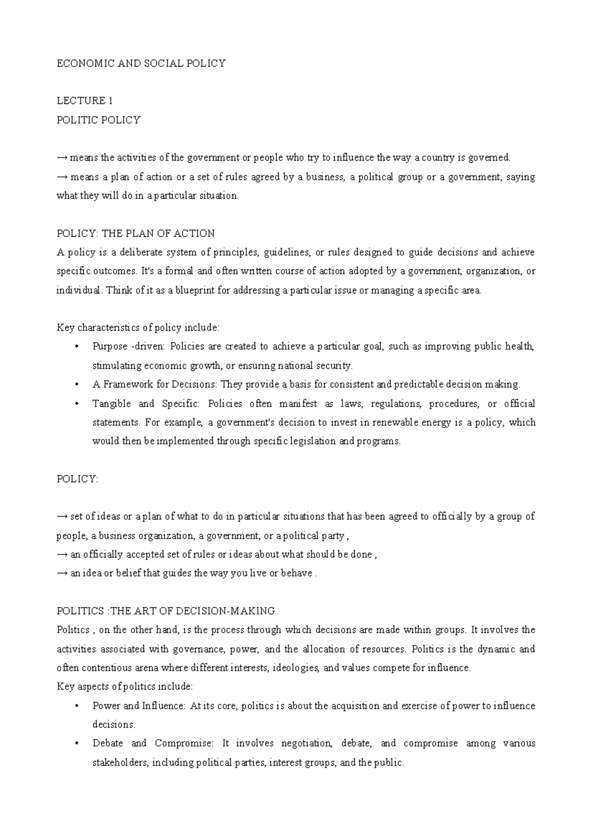 ECON 101: Economic and Social Policy Lecture Notes - Studocu