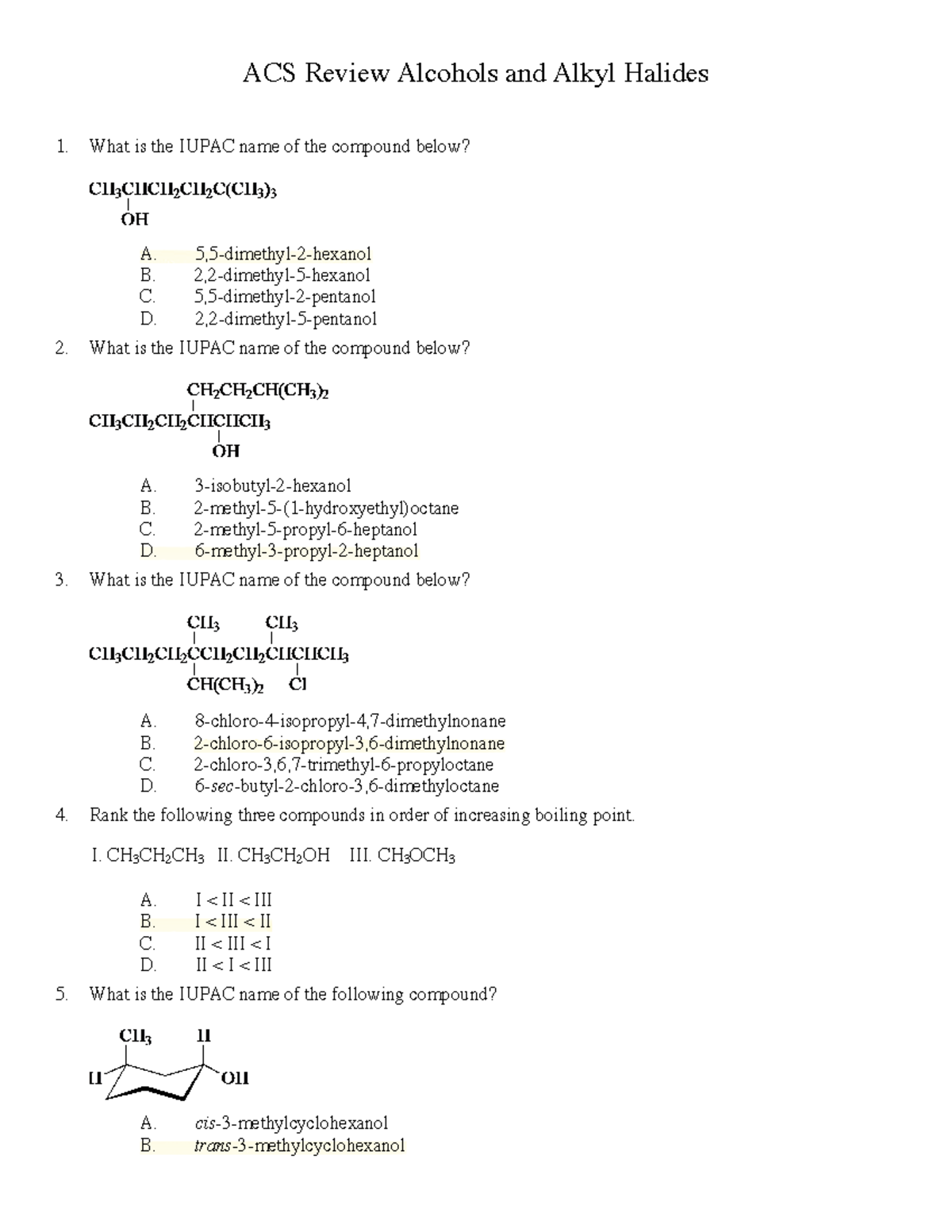 ACS Review: Alcohols and Alkyl Halides Study Guide - Studocu