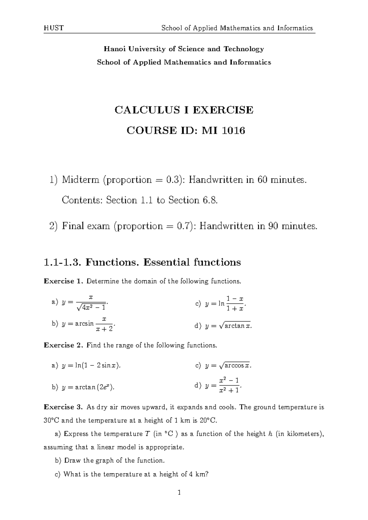 MI 1016 Calculus I Midterm & Final Exam Exercises at HUST - Studocu