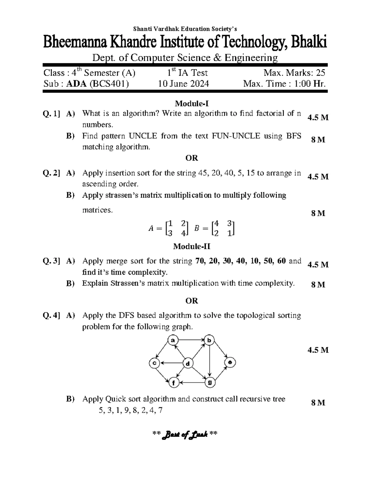 ADA 18CS42 Model Question Paper - Design & Analysis of Algorithms - Studocu