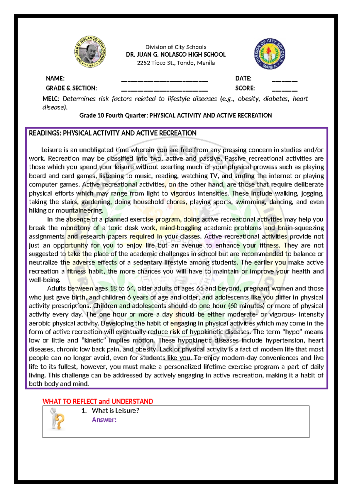 Q4-PE- Intervention Strategies for Active Recreation in Grade 10 - Studocu