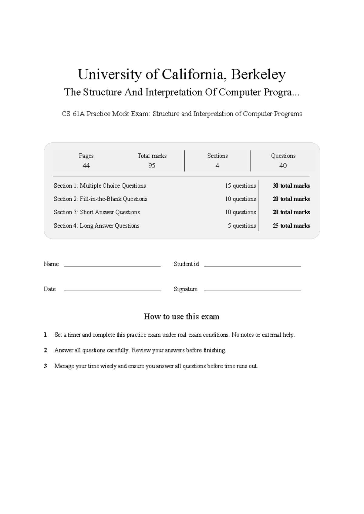 CS 61A Practice Mock Exam: Structure and Interpretation of Computer ...