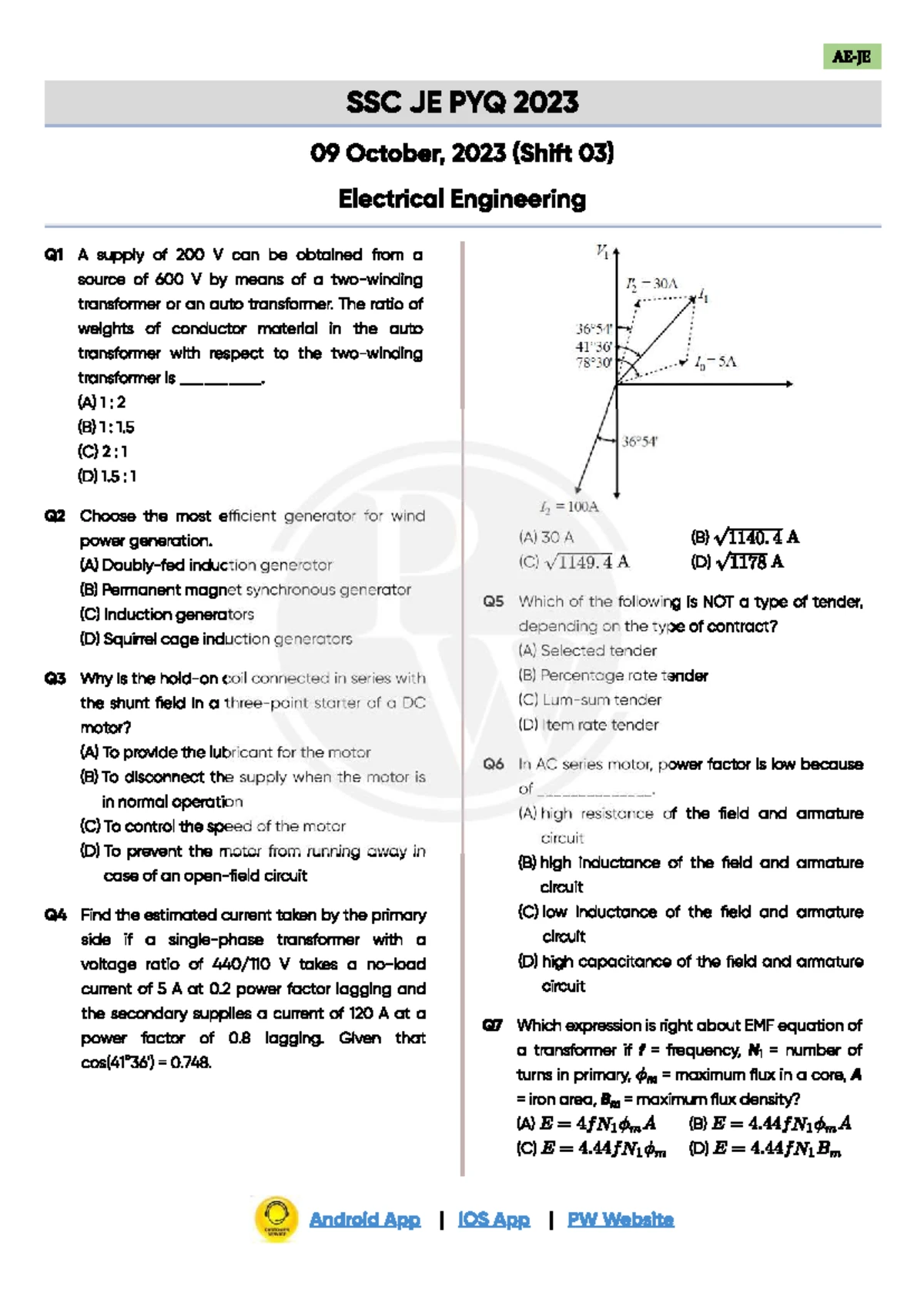 SSC JE Electrical Engineering Exam Solutions - 10 OCT - Studocu