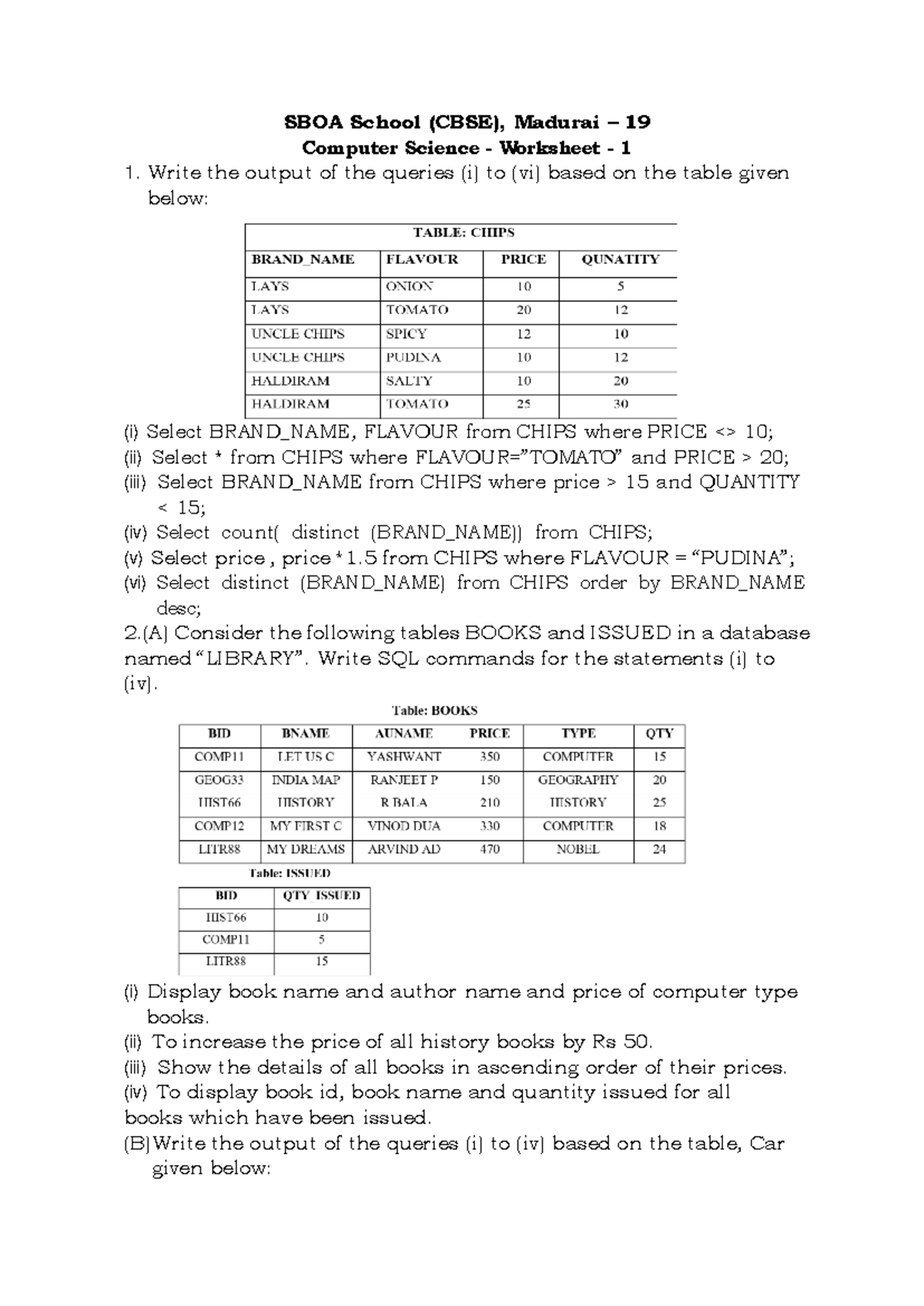 SBOA School (CBSE) - Madurai 19 Computer Science SQL Worksheet 1 - Studocu