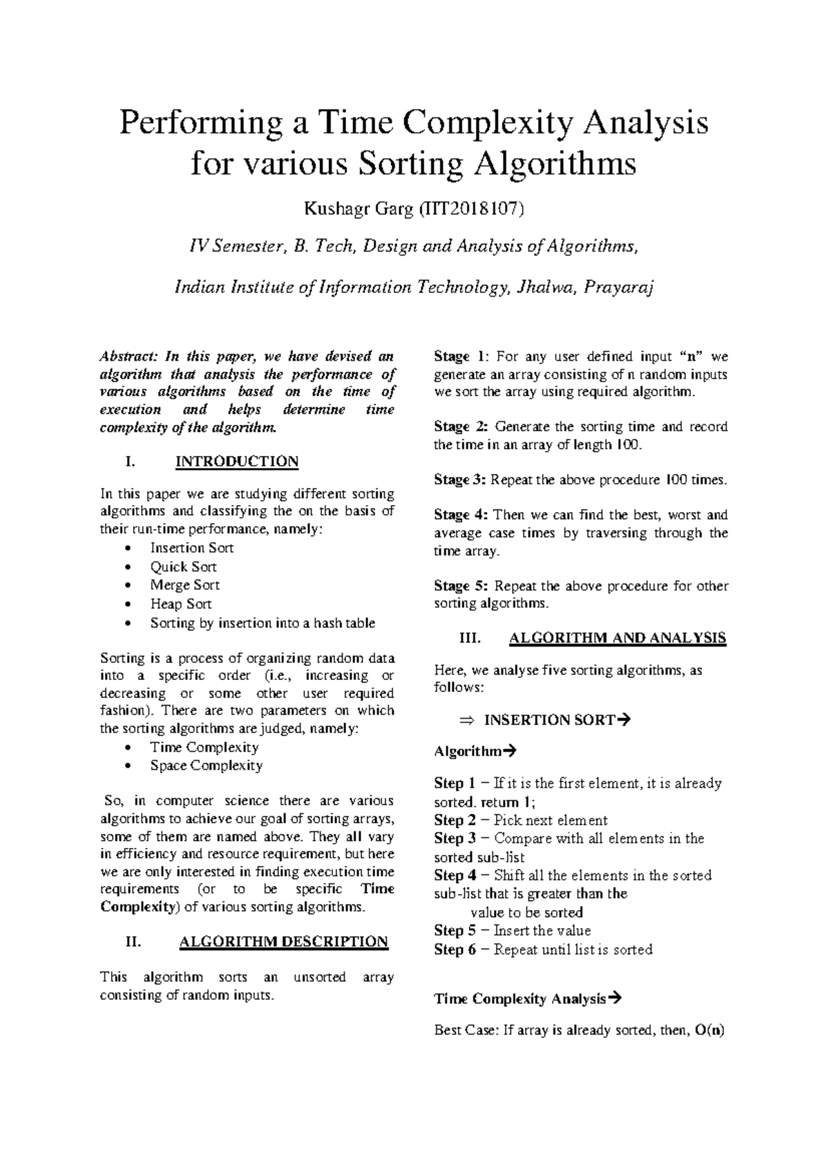 Time Complexity Analysis of Sorting Algorithms (CS102) - Studocu