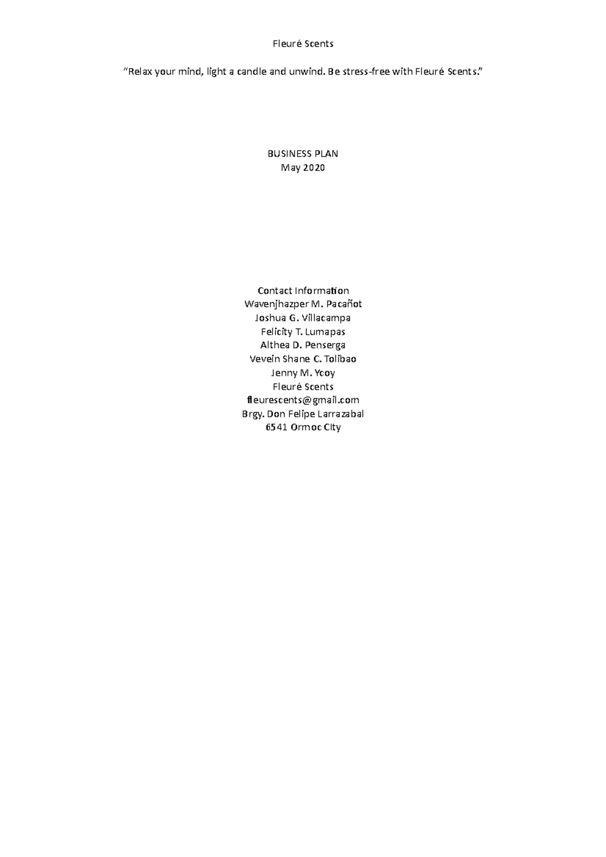 BUS-101: Executive Summary and Business Plan for Fleuré Scents - Studocu