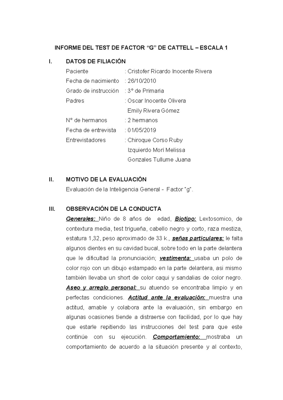 Informe DEL TEST DE Factor G DE Cattell 1 - INFORME DEL TEST DE FACTOR ...