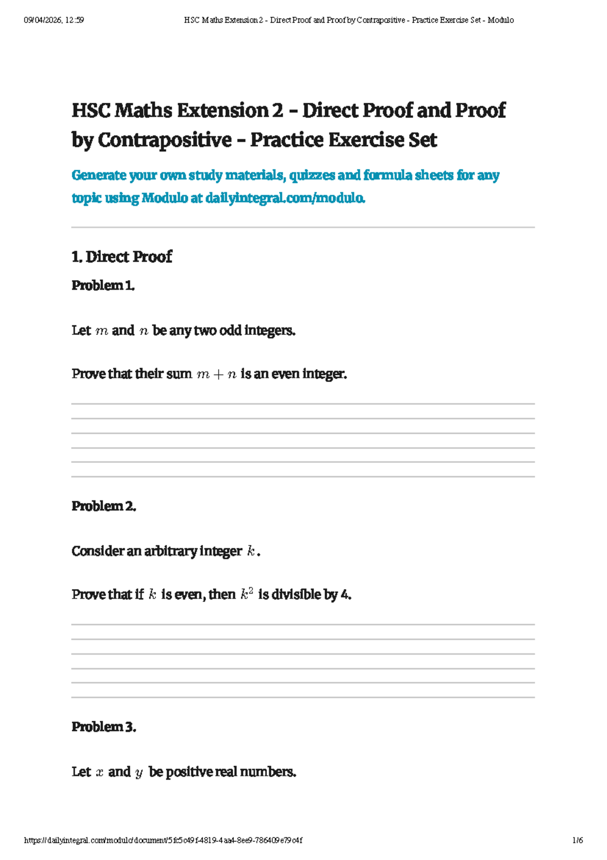HSC Maths Extension 2 - Direct Proof & Contrapositive Practice Set ...