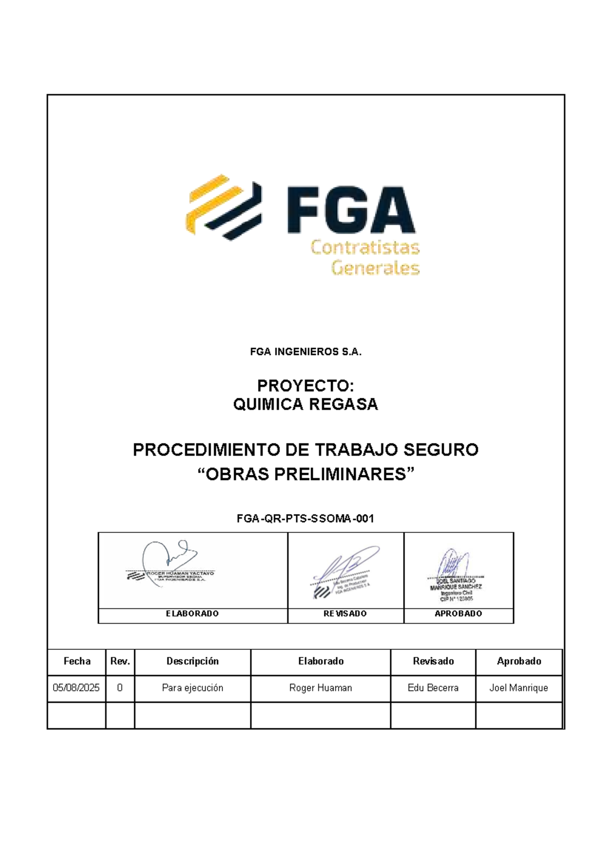 FGA-QR-PTS- Ssoma-001: Procedimiento de Trabajo Seguro en Obras ...
