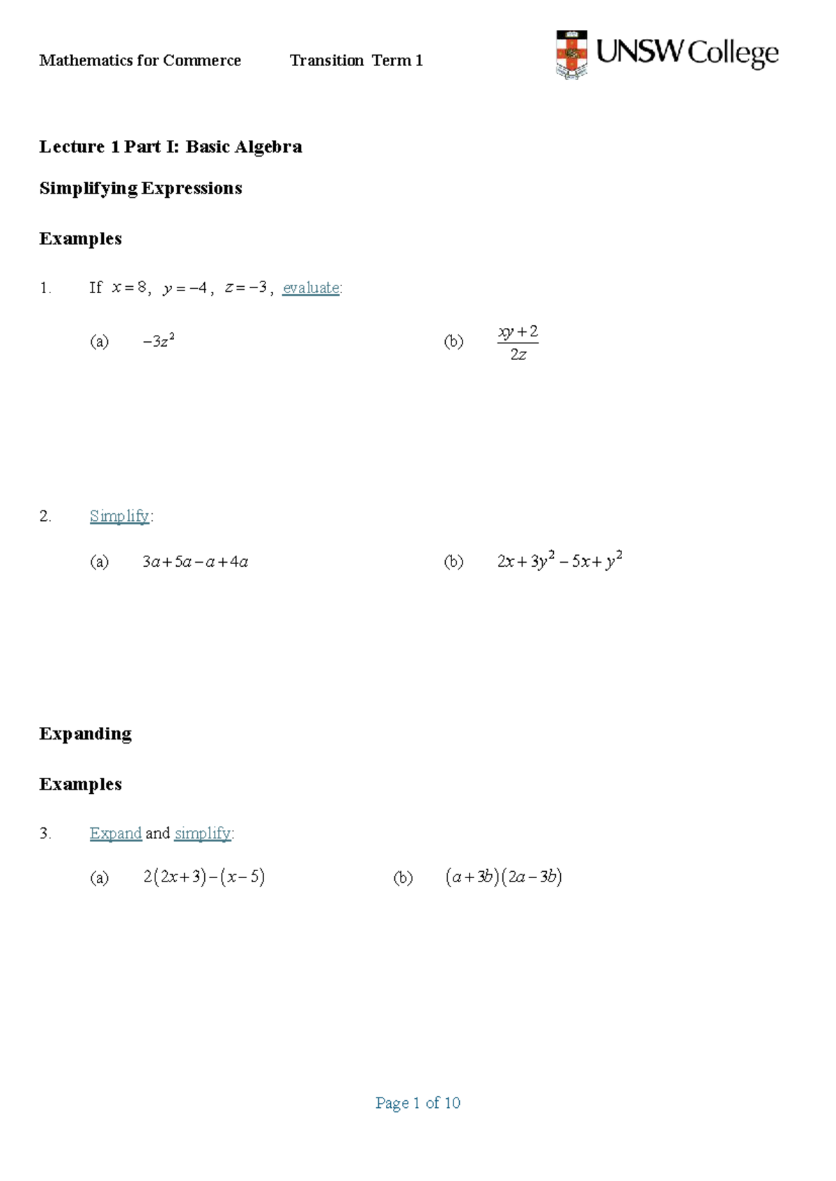 Mathematics for Commerce Transition Term 1 Lecture 1: Algebra, Surds ...