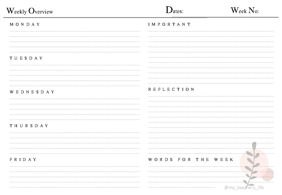 One Page Weekly Lesson Plan Template Horizontal-1 - Teacher: Weekly ...