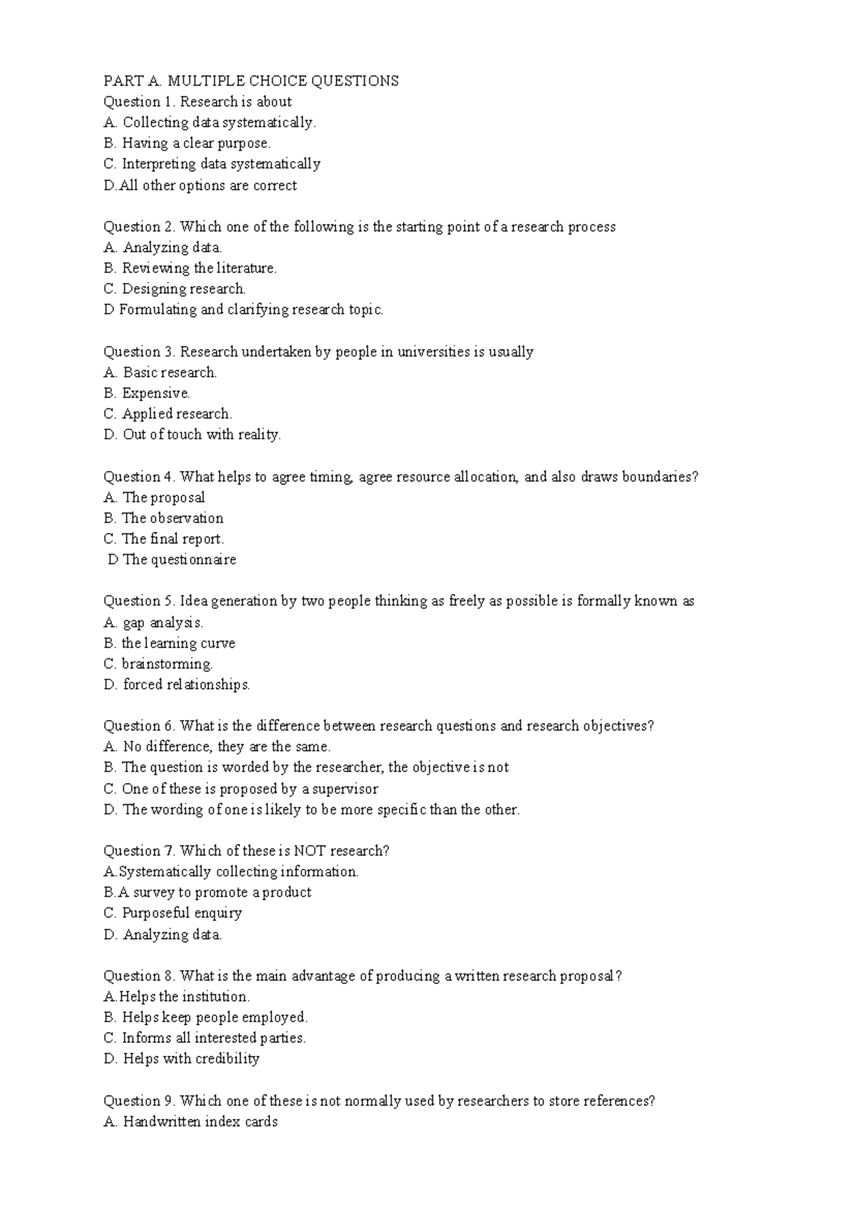 CUỐI KÌ - Research Methods Multiple Choice Questions and Answers - Studocu