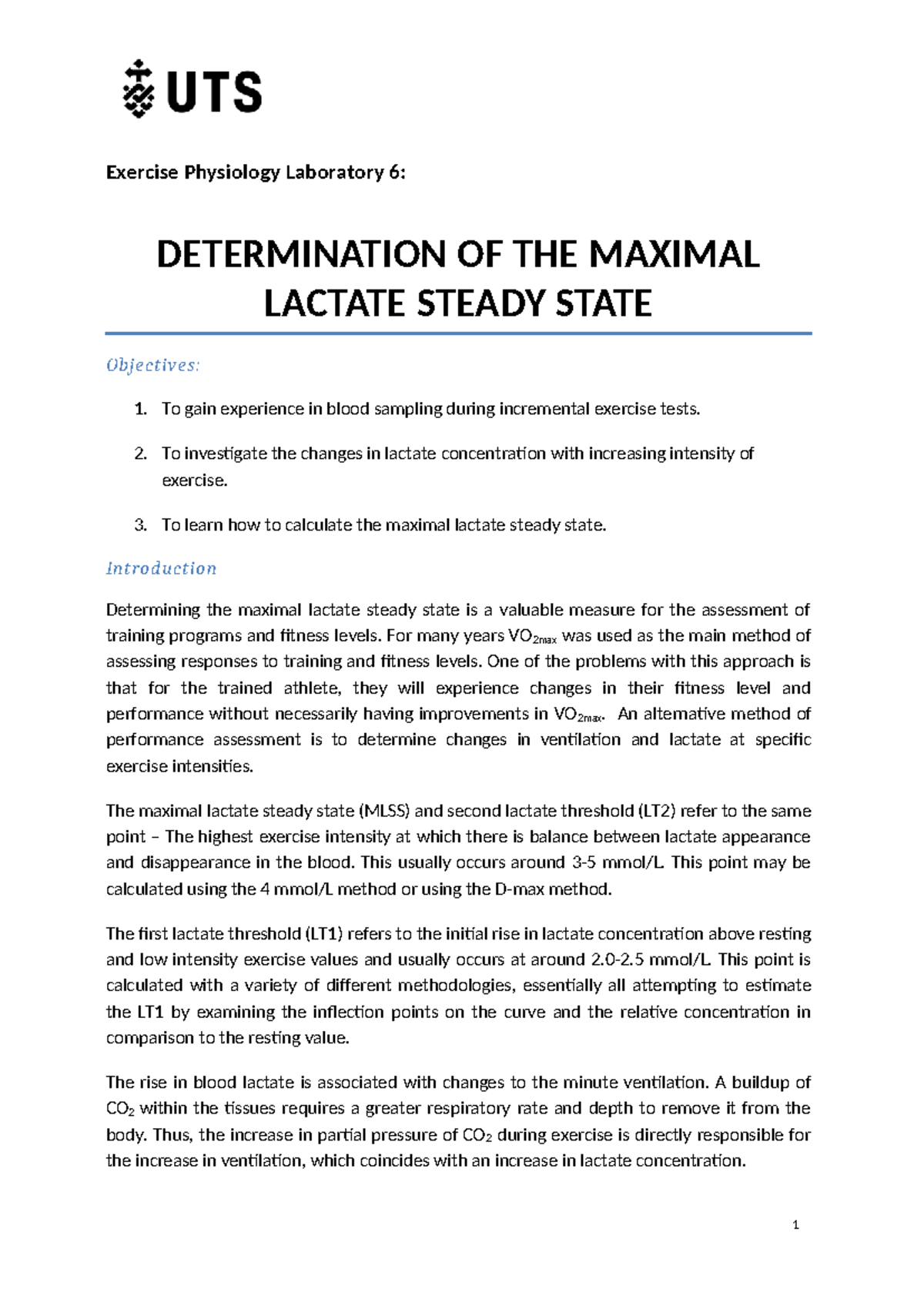 Exercise Physiology Lab 6: Maximal Lactate Steady State Analysis - Studocu