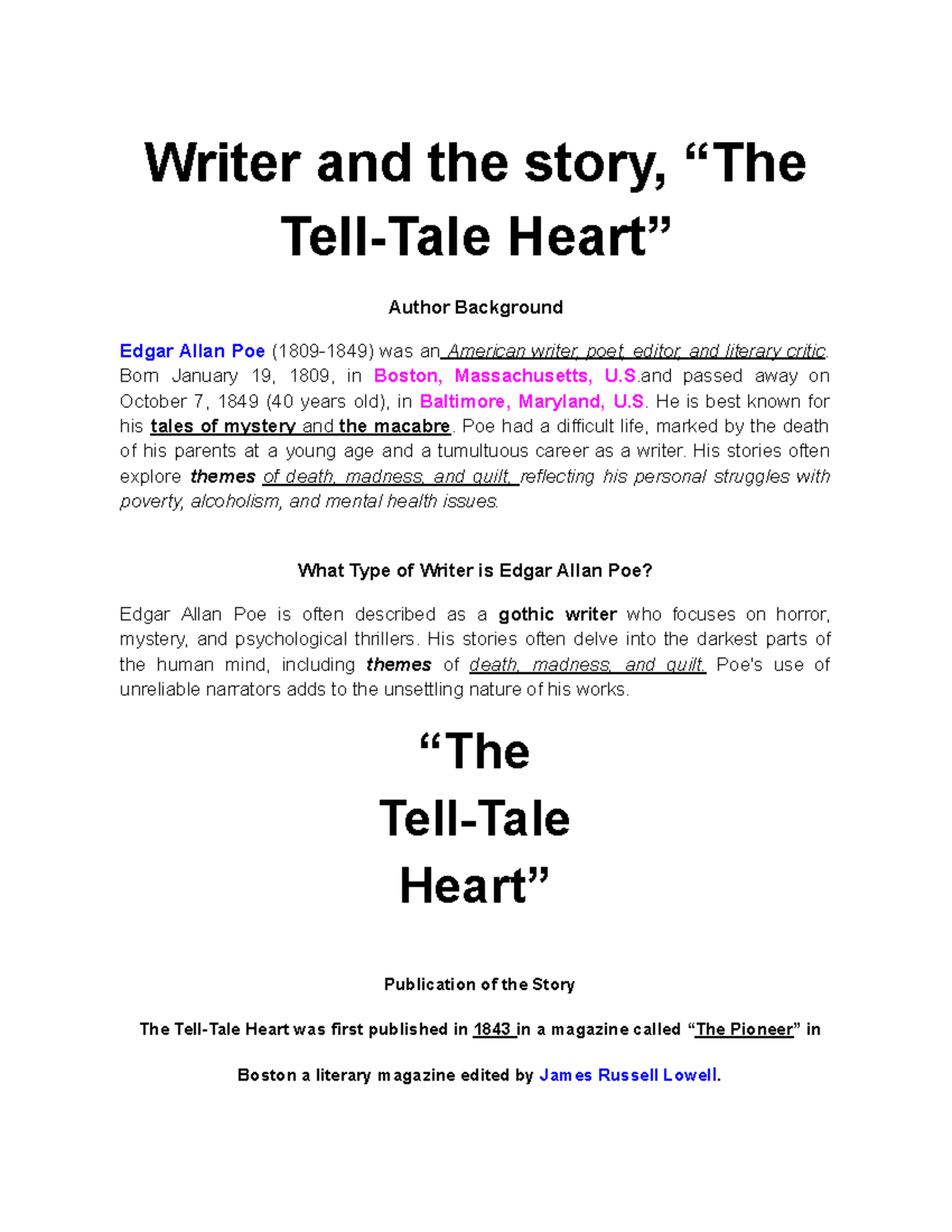 The Tell-Tale Heart - ... - Writer and the story, “The Tell-Tale Heart ...