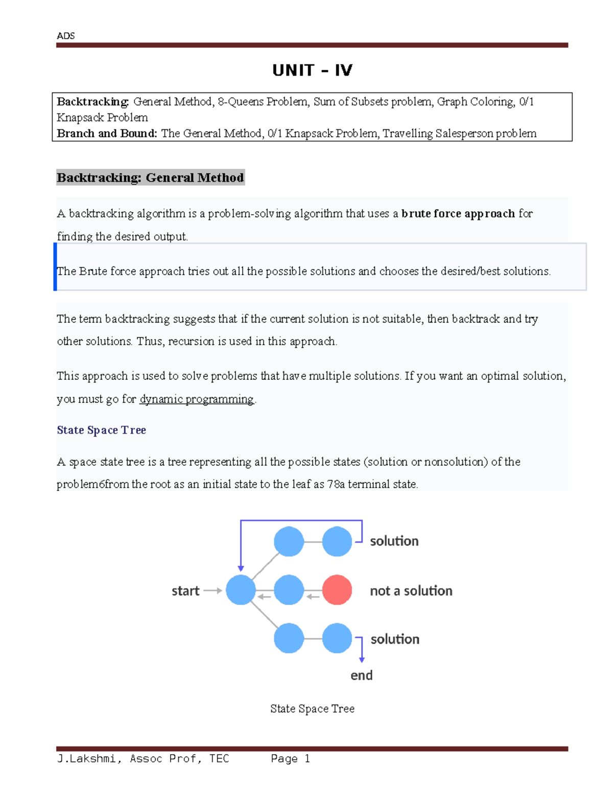 ADS UNIT-4: Backtracking, Branch and Bound, and Algorithms Overview - Document Preview
