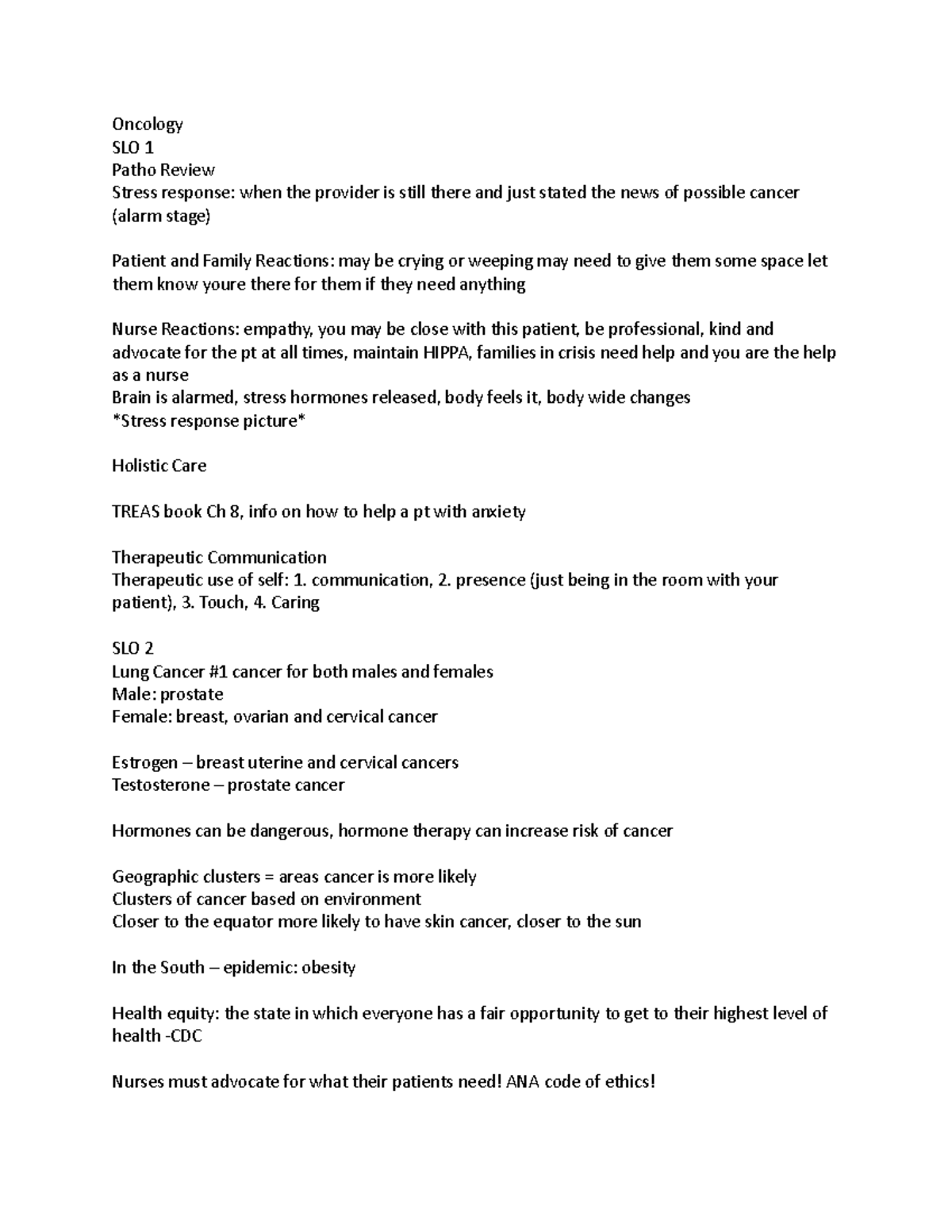 Oncology - Class Notes on Cancer Pathophysiology and Care - Studocu