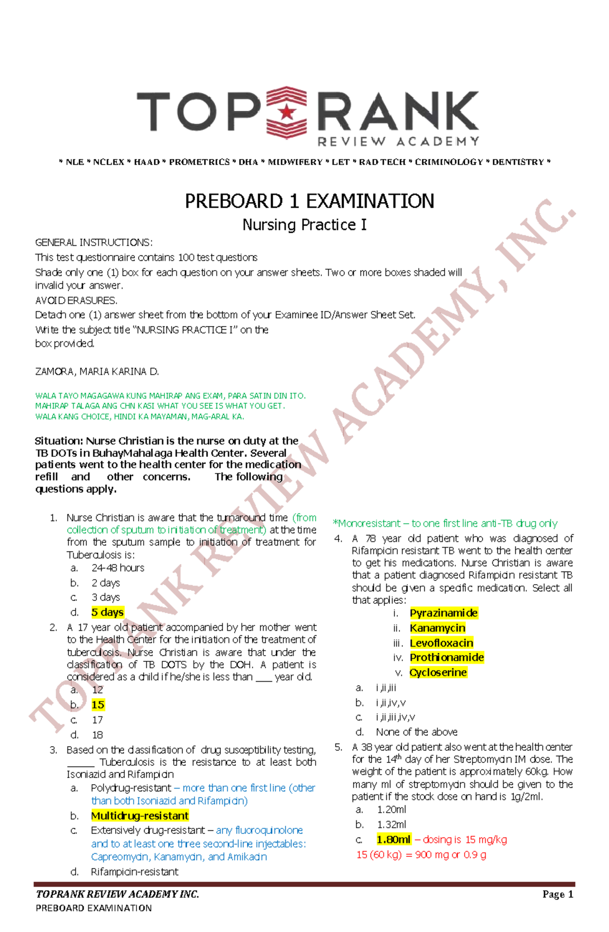 Nursing Practice I Preboard Exam Sample Questions and Answers - Studocu