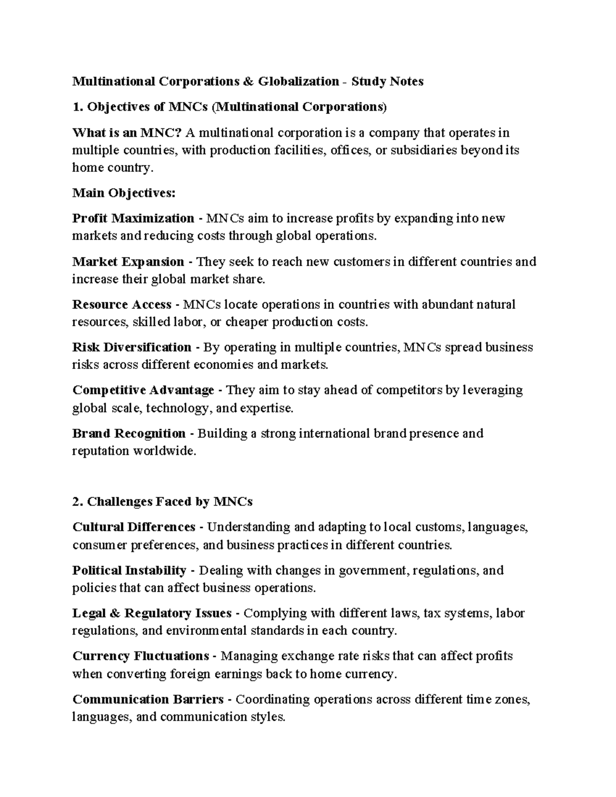 MNCs and Globalization: Study Notes for Course Code MNC101 - Studocu