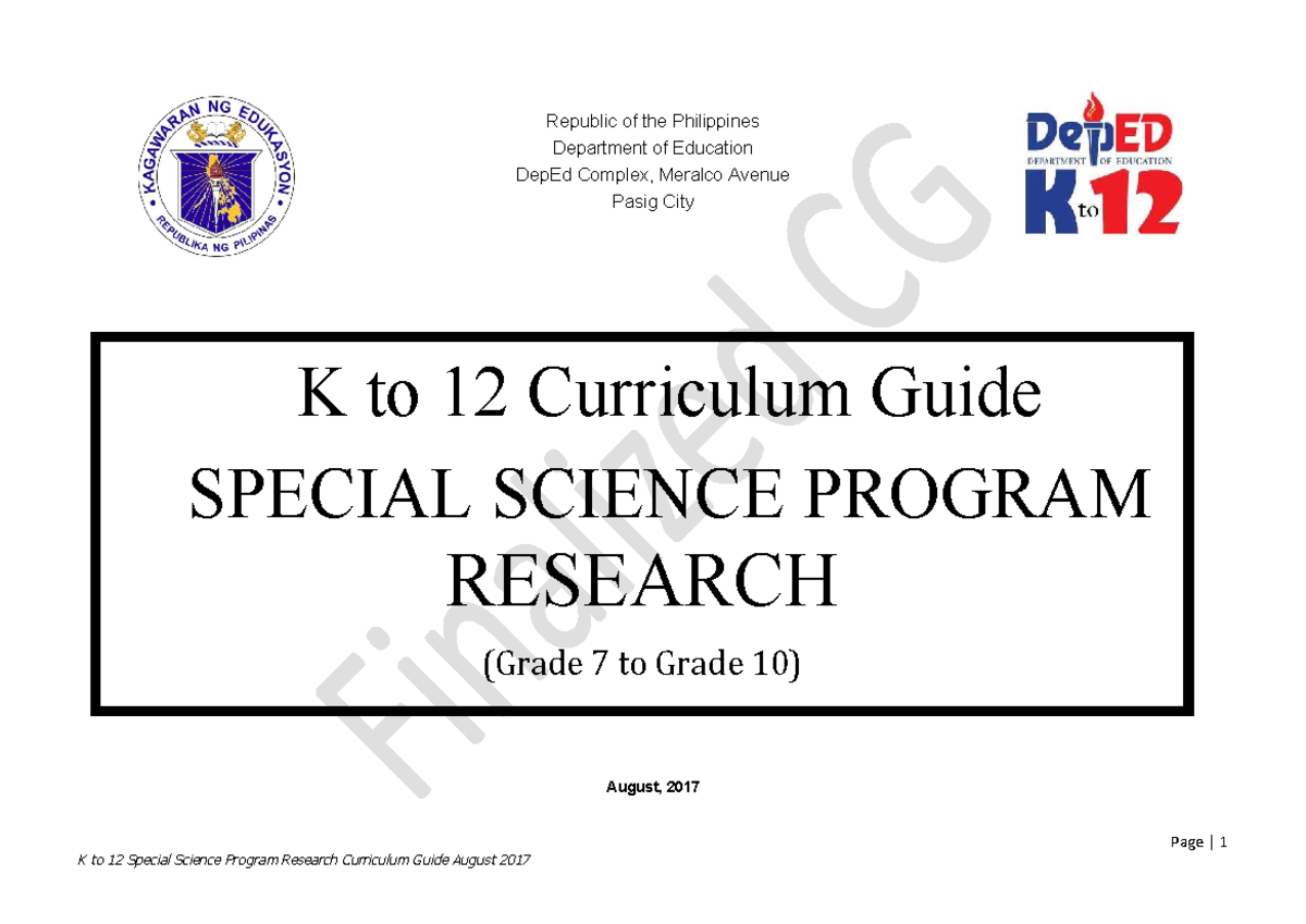 K to 12 Special Science Program Research Curriculum Guide (Grade 8 ...