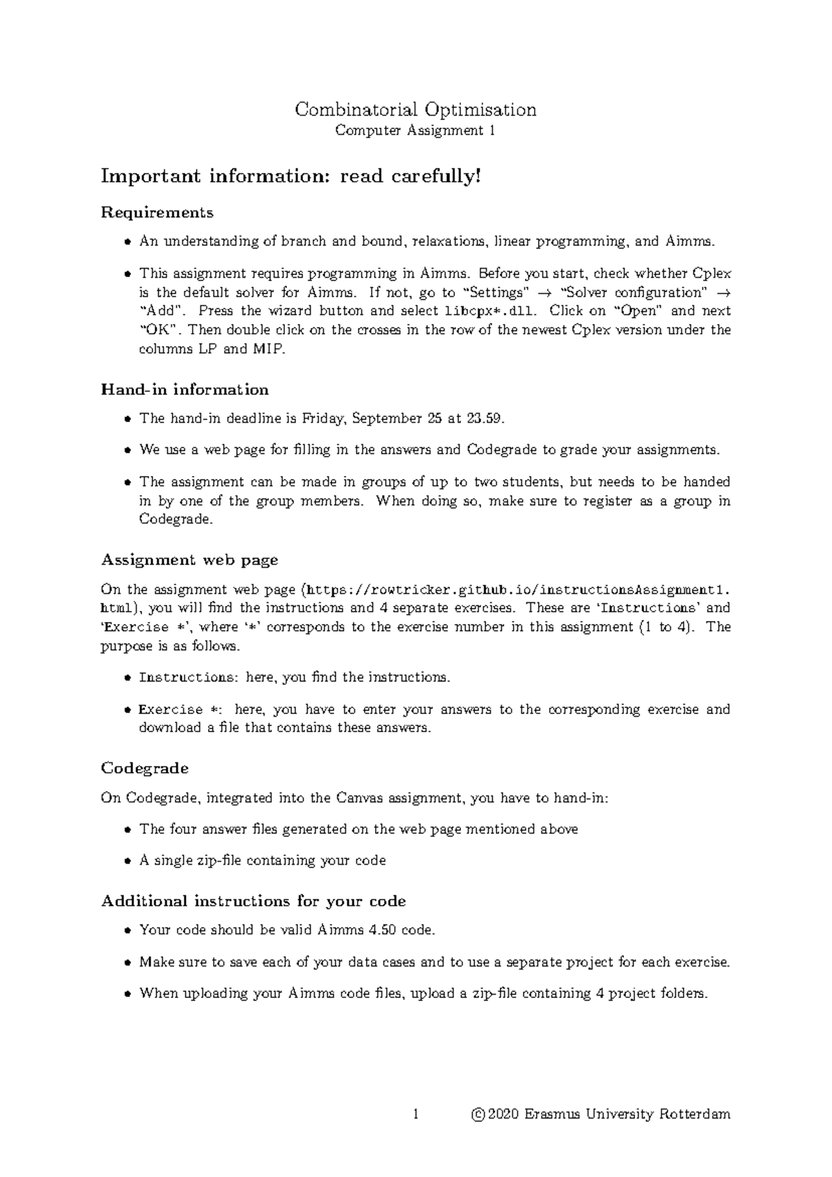 Combinatorial Optimization: Computer Assignment 1 Guidelines - Studeersnel
