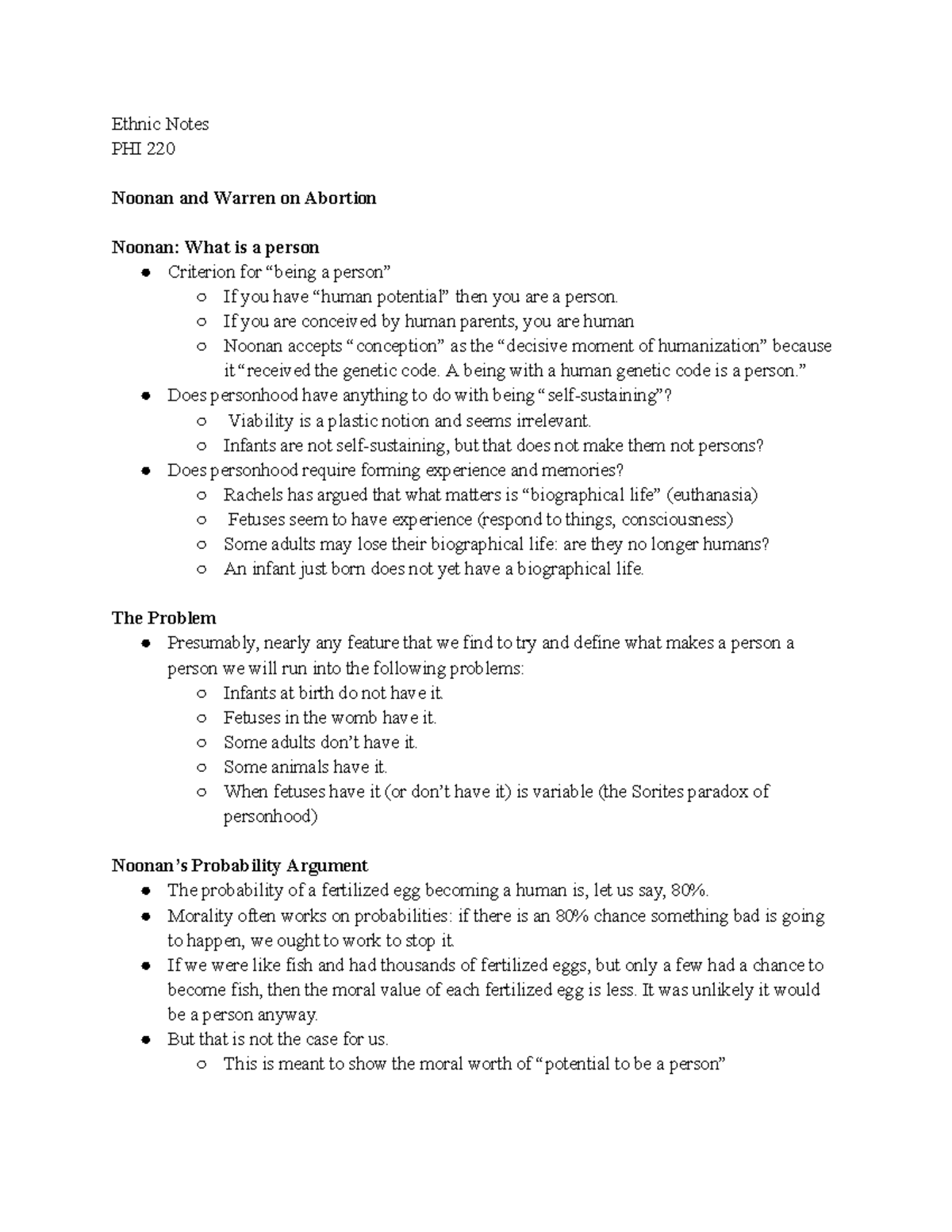 Ethnic Notes on Abortion: Noonan & Warren's Perspectives PHI 220 - Studocu