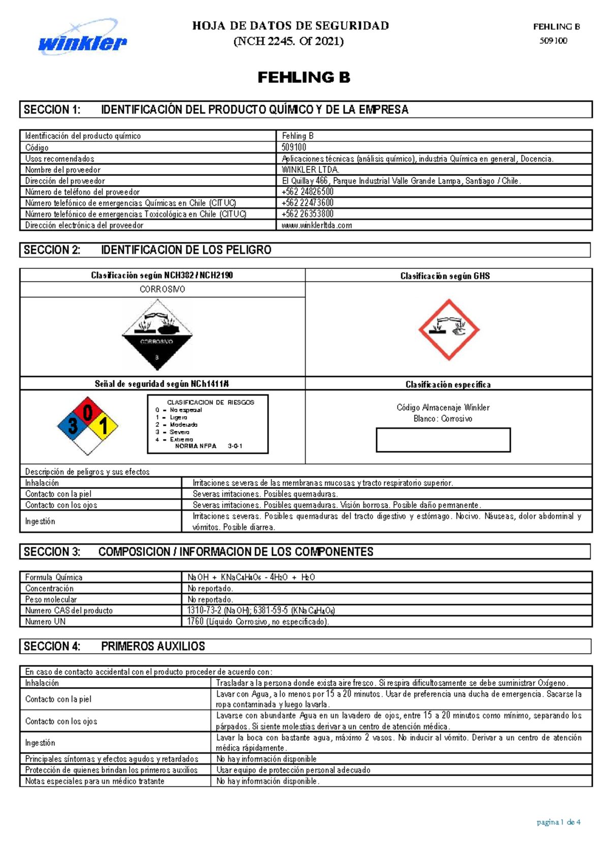 Hoja de Datos de Seguridad para Fehling B 509100 (NCH 2245, 2021) - Studocu