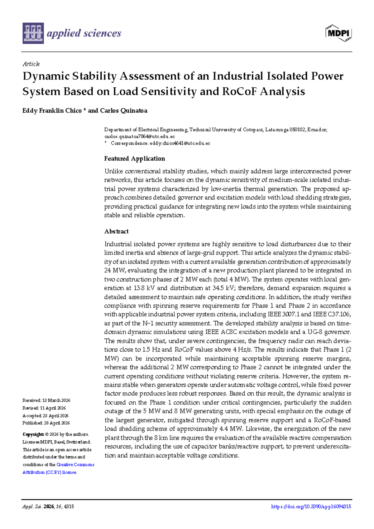 Dynamic Stability Analysis of Isolated Power Systems: A Case Study ...