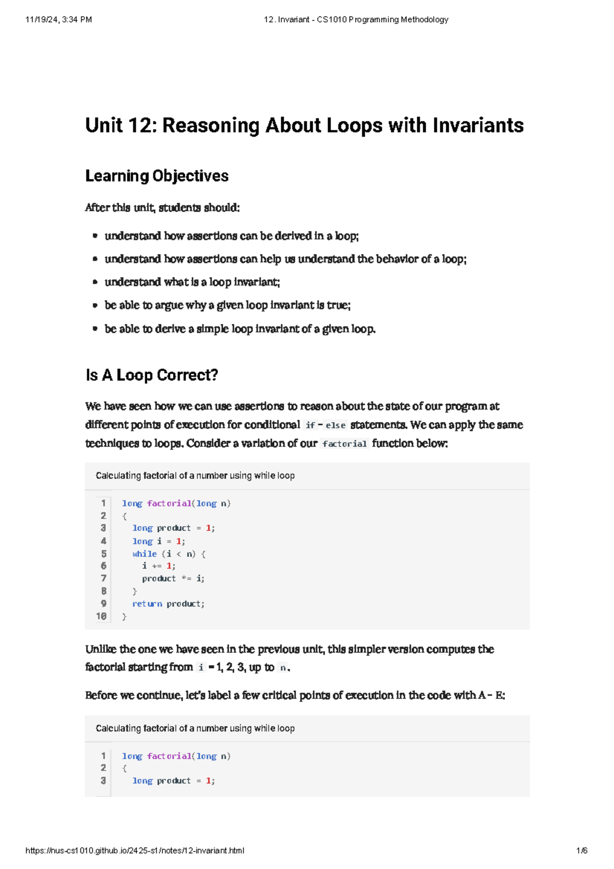 Unit 12: Reasoning About Loops and Invariants - CS1010 Notes - Studocu