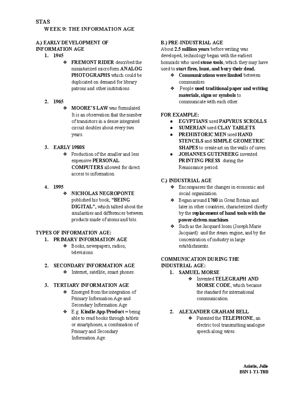 STAS Finals - WEEK 9: THE INFORMATION AGE A.) EARLY DEVELOPMENT OF ...