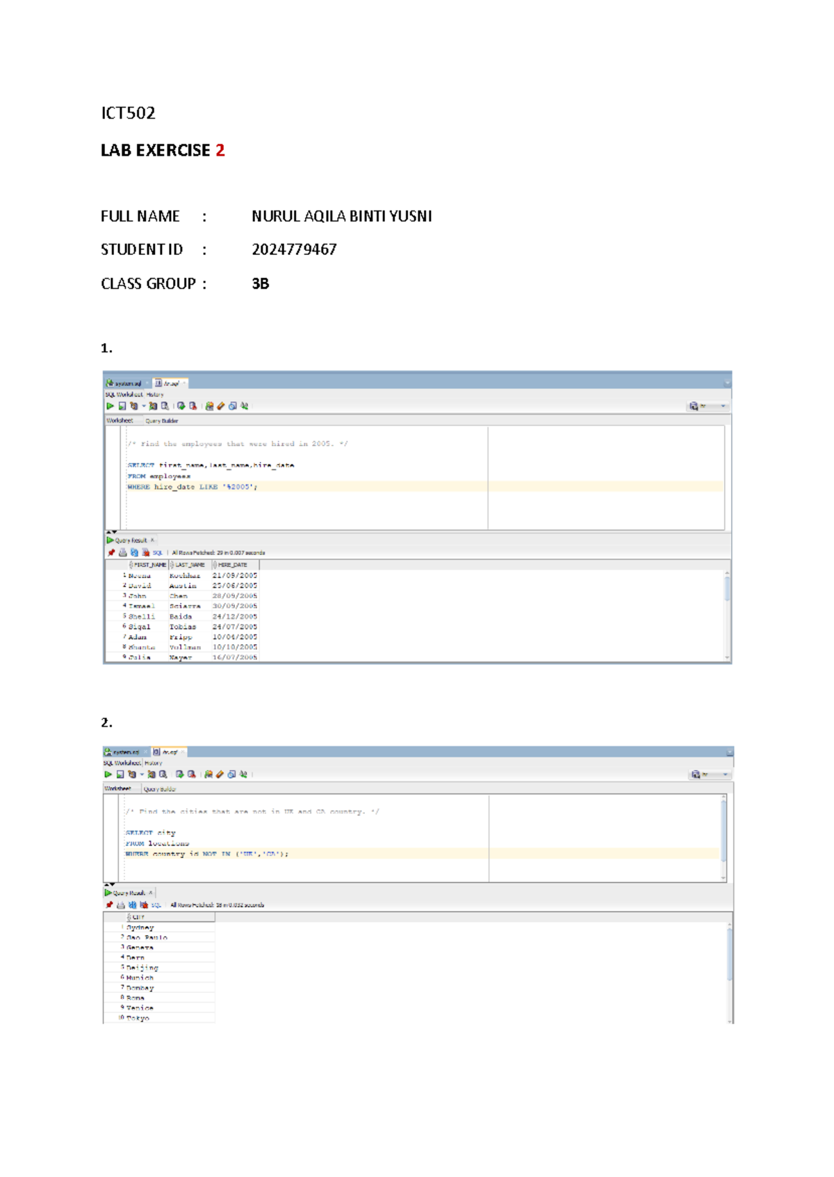 ICT502 Lab Exercise - Database Engineering - ICT LAB EXERCISE 2 FULL ...