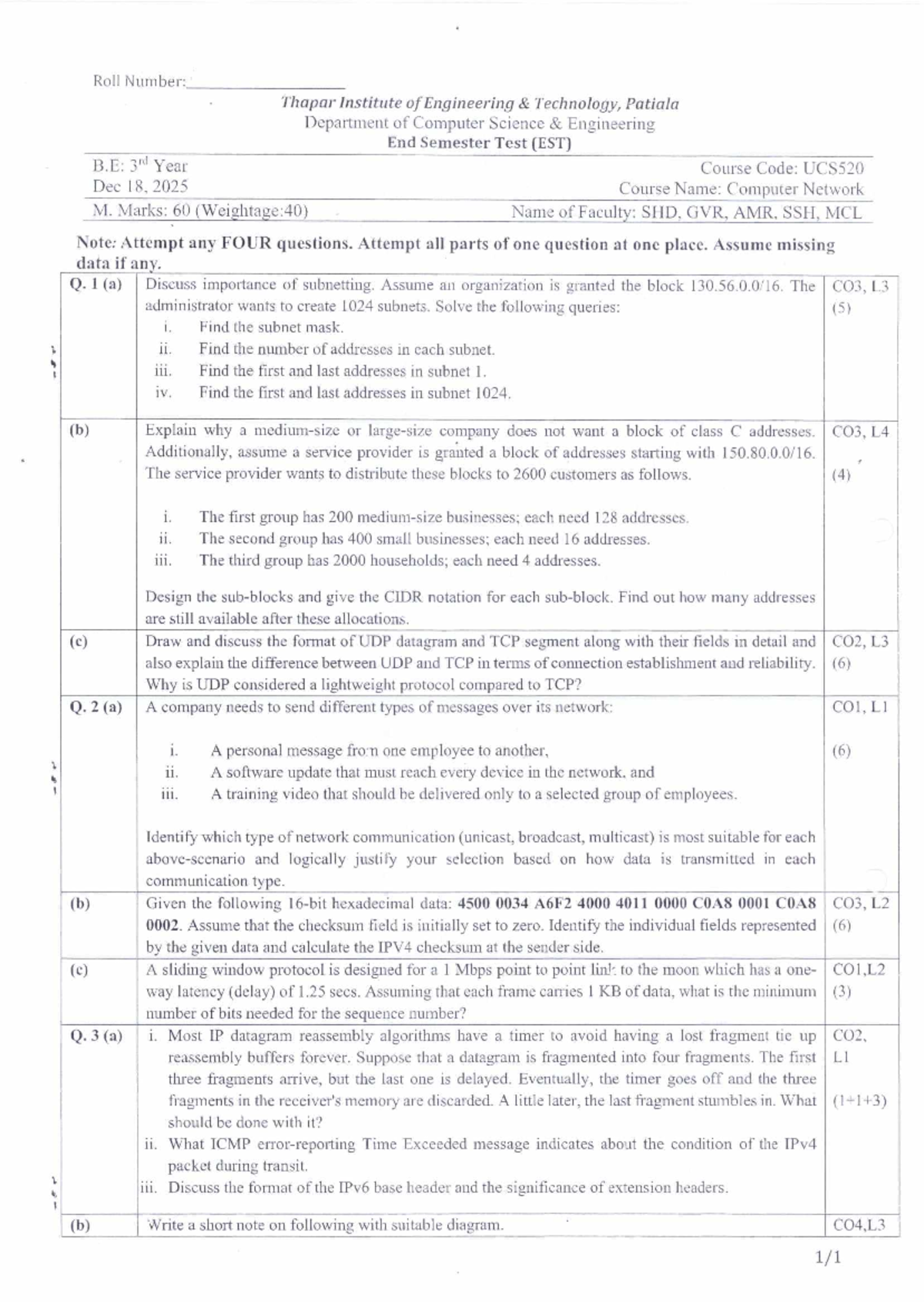 UCS520 End Semester Test Dec 2025 - Computer Networks PYQ - Studocu