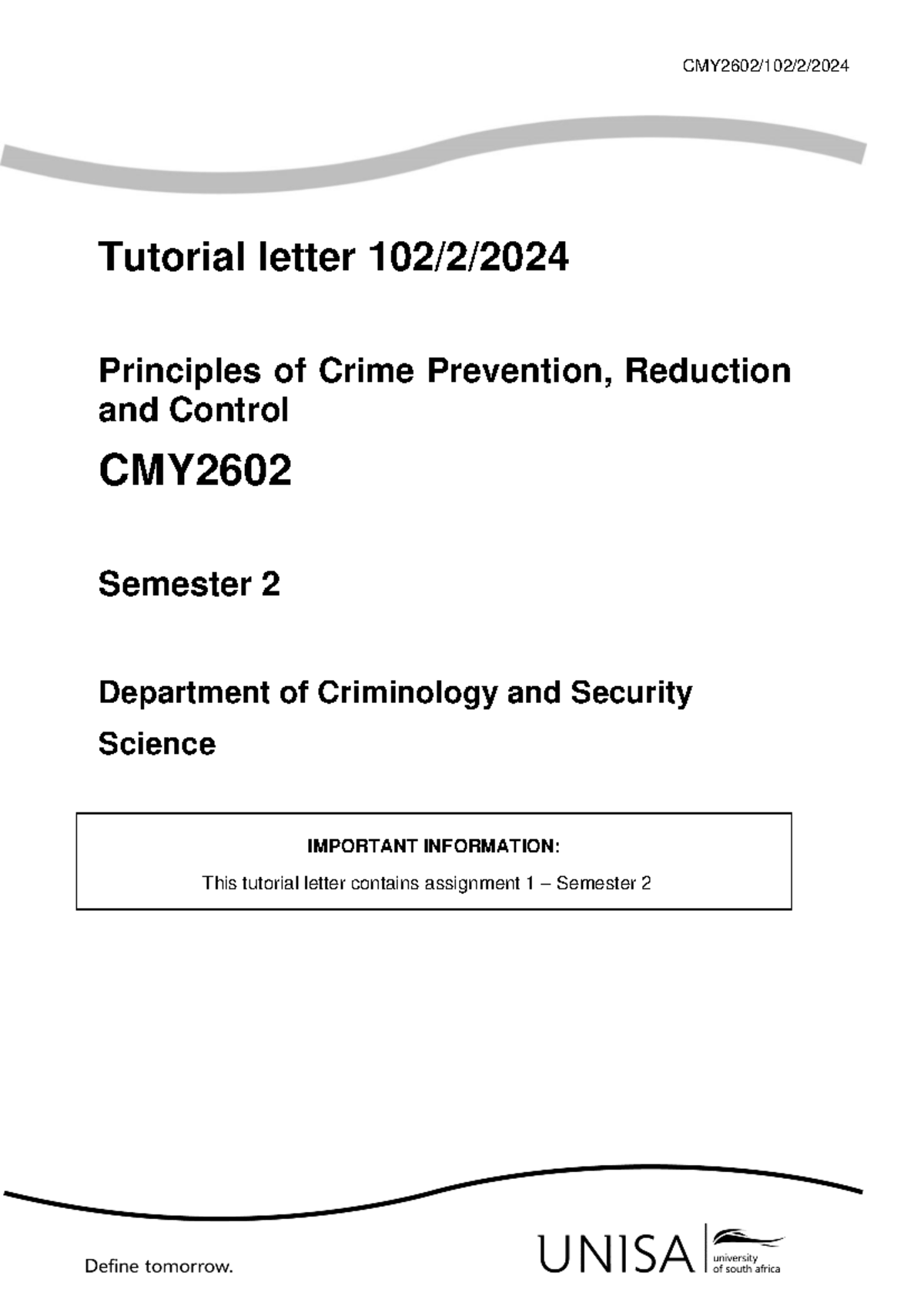 CMY2602 Assignment 01: Principles of Crime Prevention and Control - Studocu