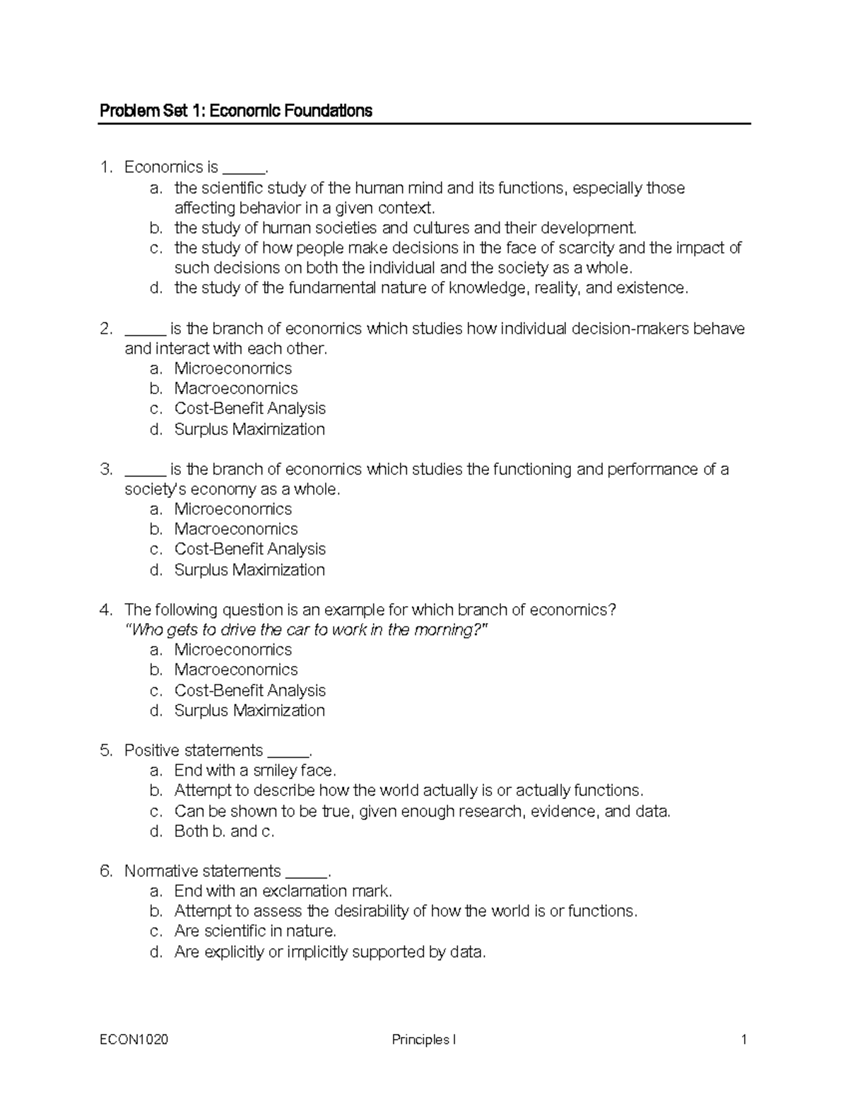 ECON1020 Problem Set 1: Economic Foundations and Concepts - Studocu