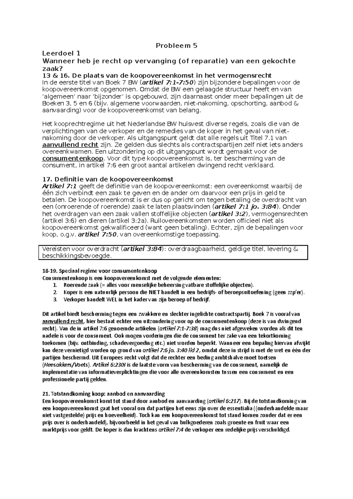 Probleem 5: Consumentenkoop en Nakoming in het Verbintenissenrecht ...