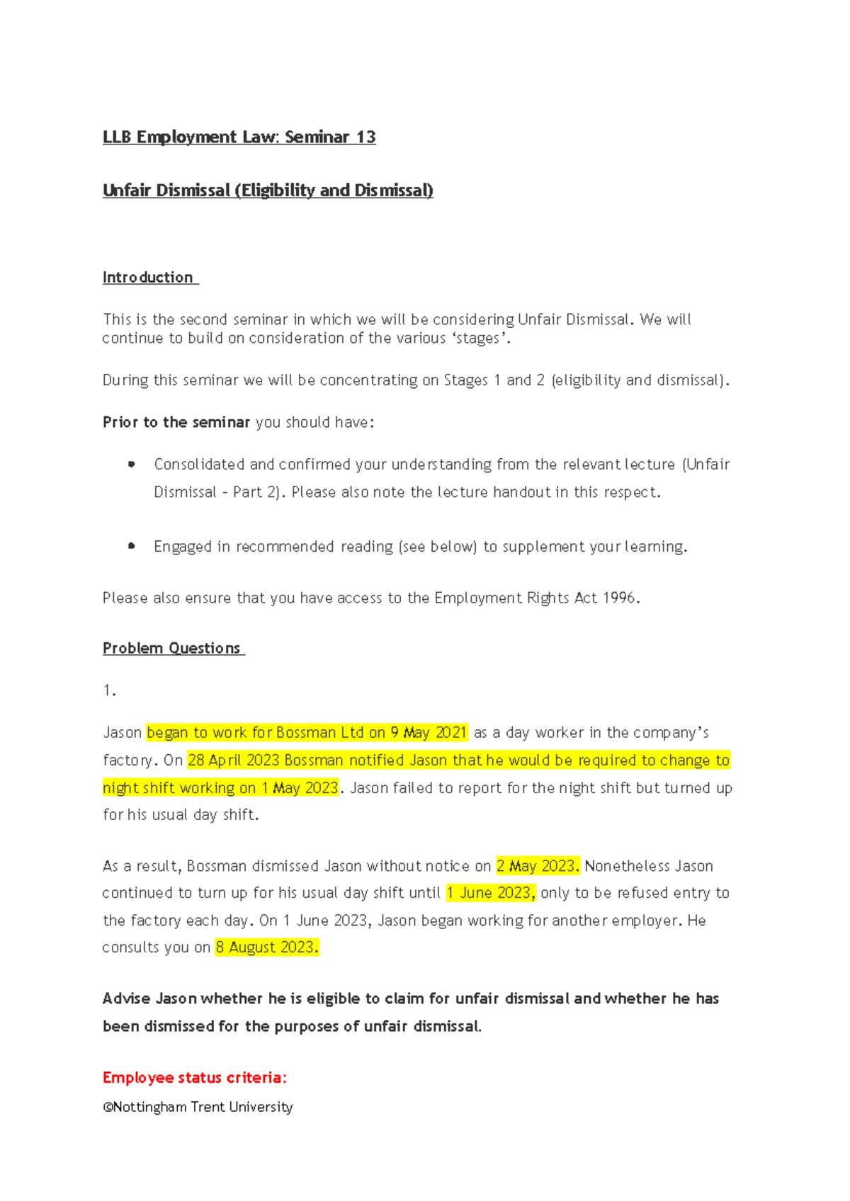 Seminar 13 Unfair Dismissal (Eligibility and Dismissal) - LLB ...