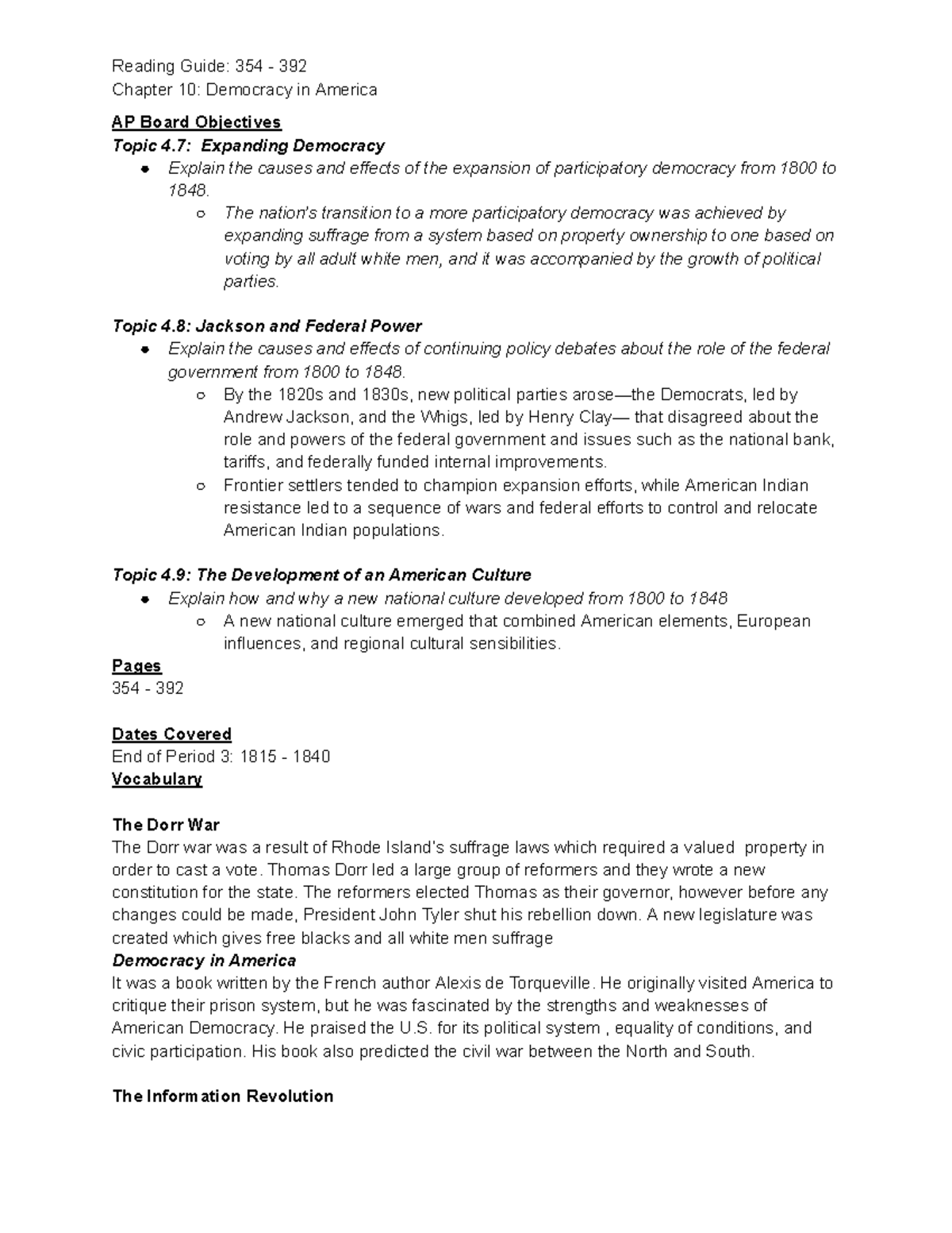 APUSH Chapter 10 Study Guide: Democracy in America (1815-1848) - Studocu