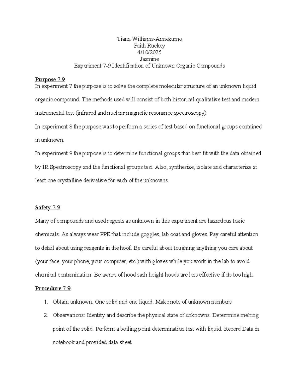 Ochem Lab 7-9: Identification of Unknown Organic Compounds Report - Studocu