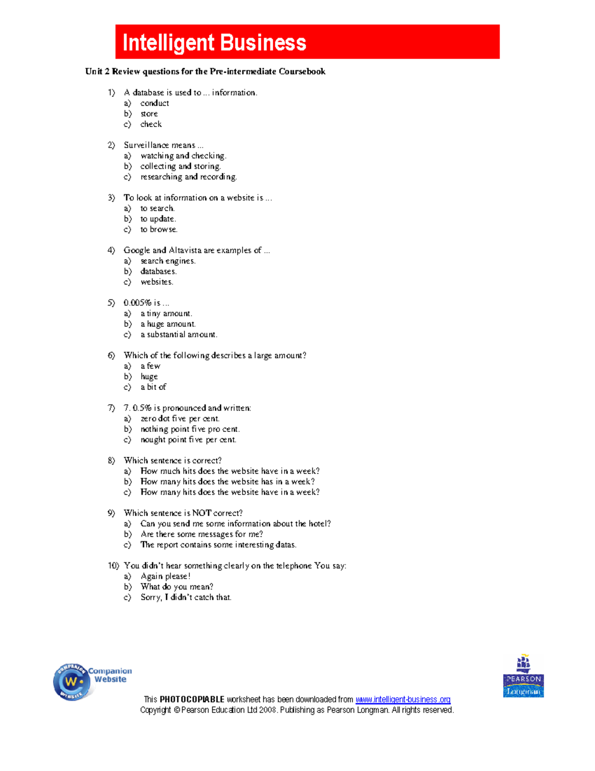 Intelligent Business Unit 2 Review Questions for Pre-Int Course - Studocu