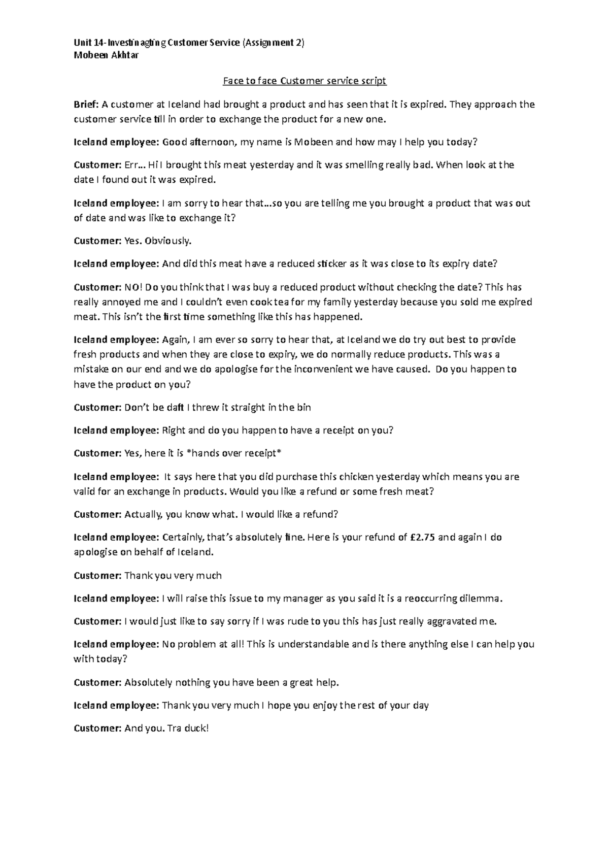 Unit 14: Customer Service Scripts for Assignment 2 - Mobeen Akhtar ...