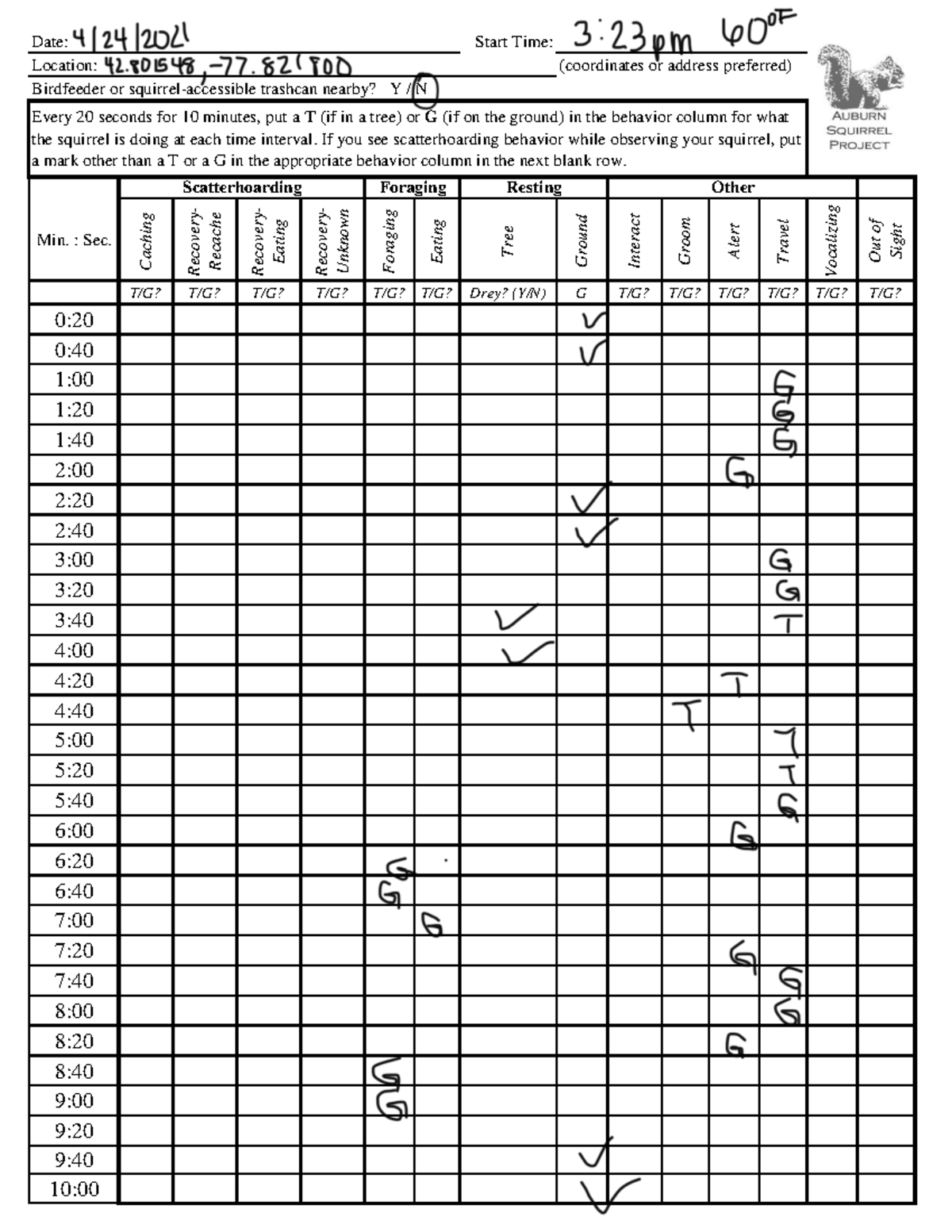 Auburn+Squirrel behavior datacollection 040819 - Date: Start Time ...