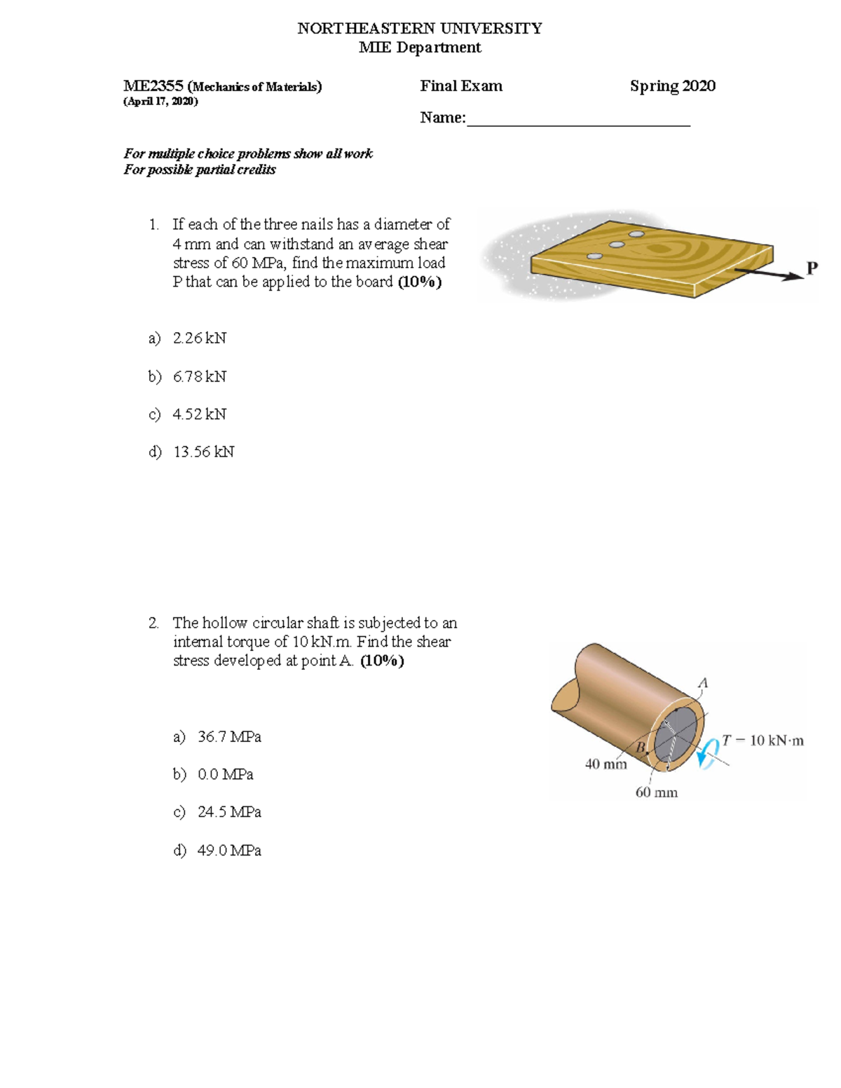 ME2355 Sample Final Exam MC - Mechanics of Materials 2020 - Studocu
